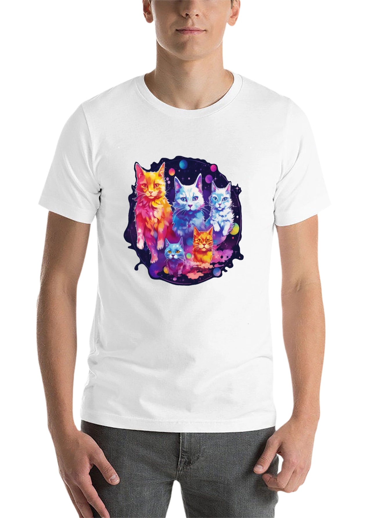 Black Cosmic Cat Crew T-Shirt - Galaxy Feline Design view 14