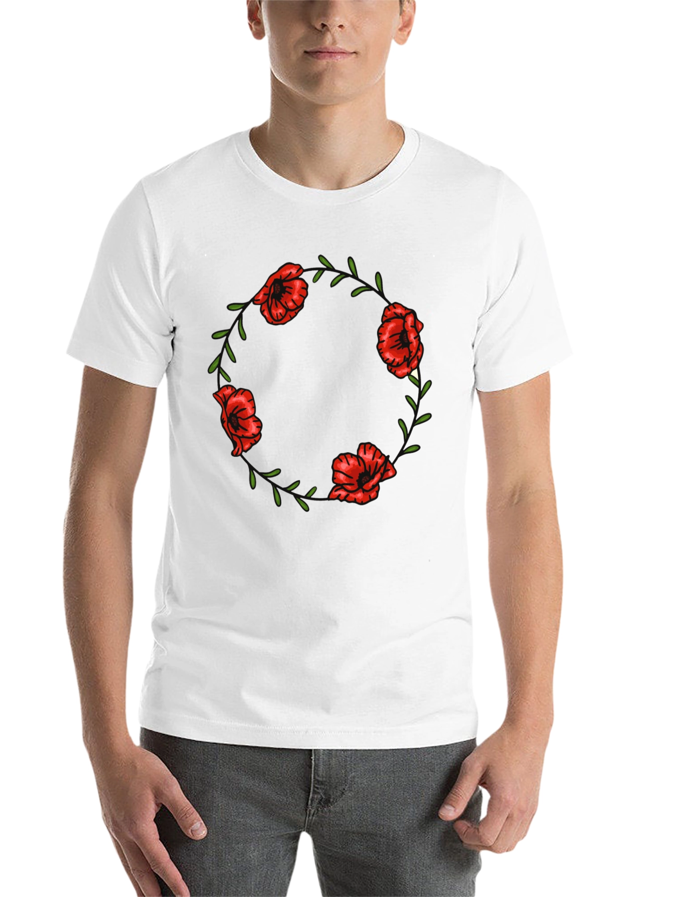 Black Floral Poppy Wreath Graphic Tee - Black Cotton T-Shirt view 14