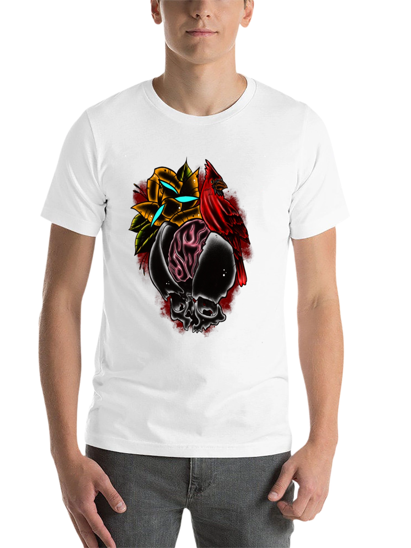 Black Skull Rose Cardinal Graphic Tee - Edgy Menswear view 14