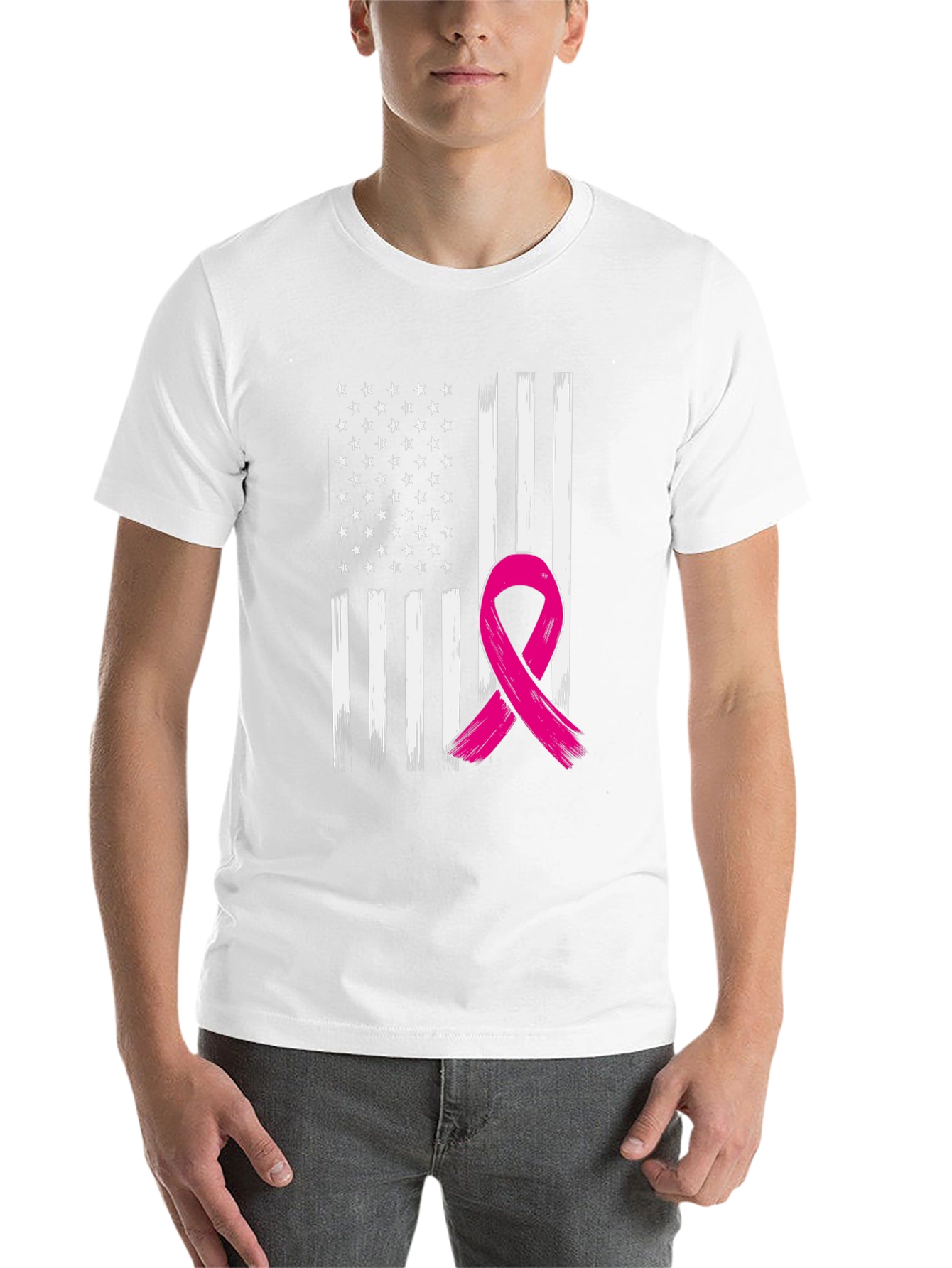 Black American Flag Breast Cancer Awareness T-Shirt view 14