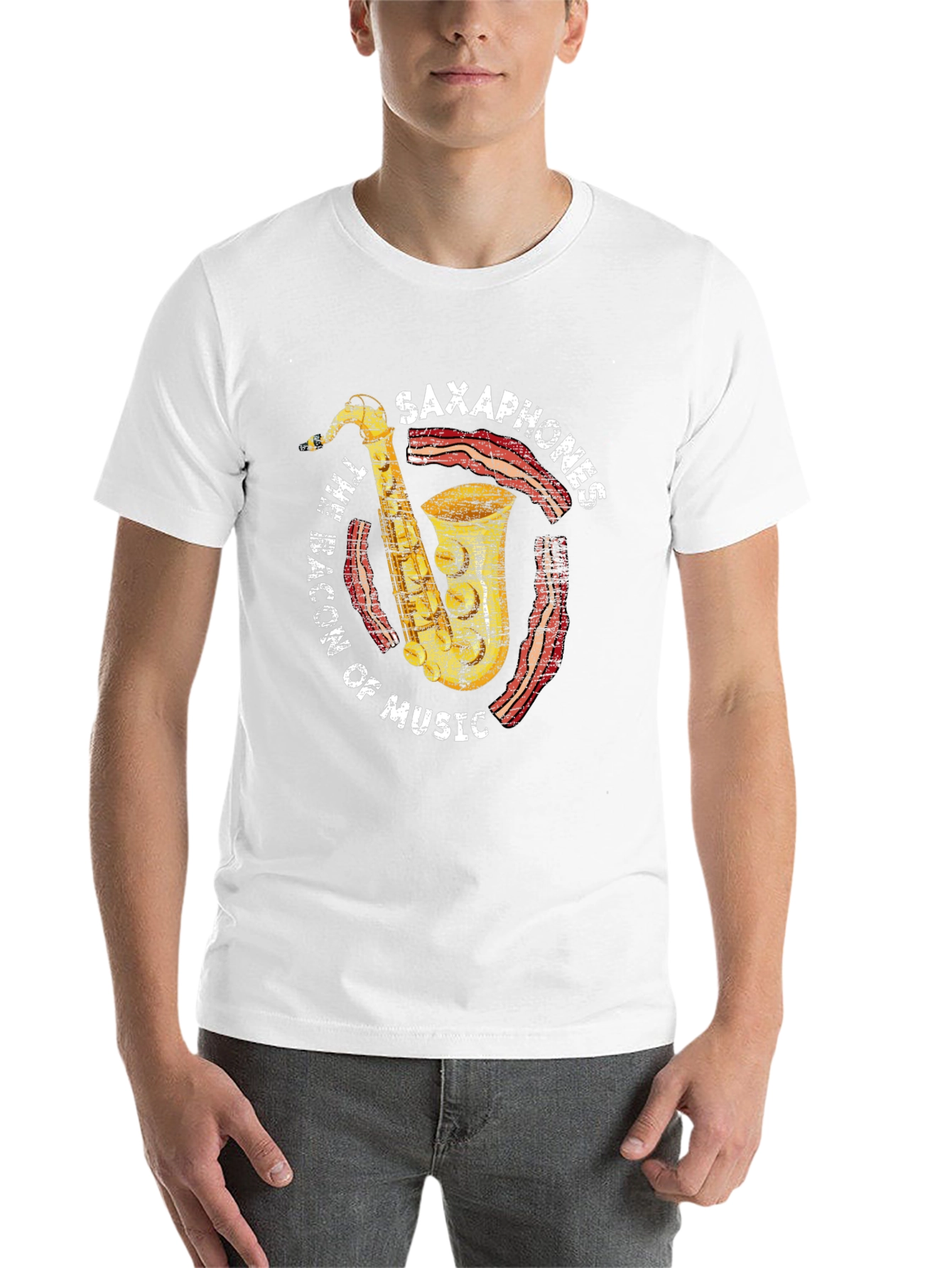 Black Saxophones Bacon of Music Graphic T-Shirt view 14