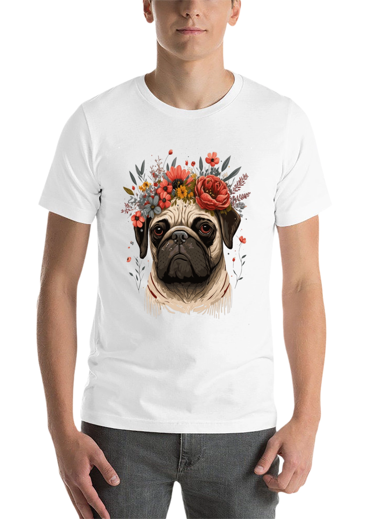 Black Floral Pug Graphic Tee - Black Cotton Blend view 14