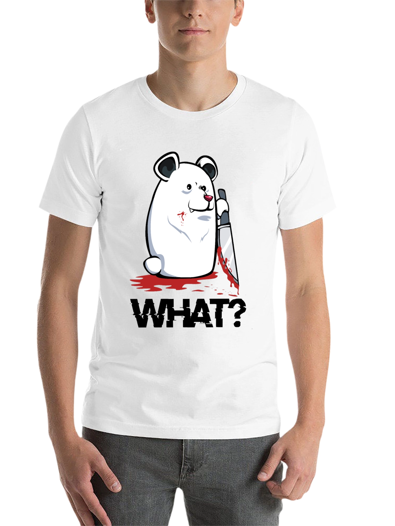 Black Creepy Polar Bear "WHAT?" Graphic T-Shirt view 14