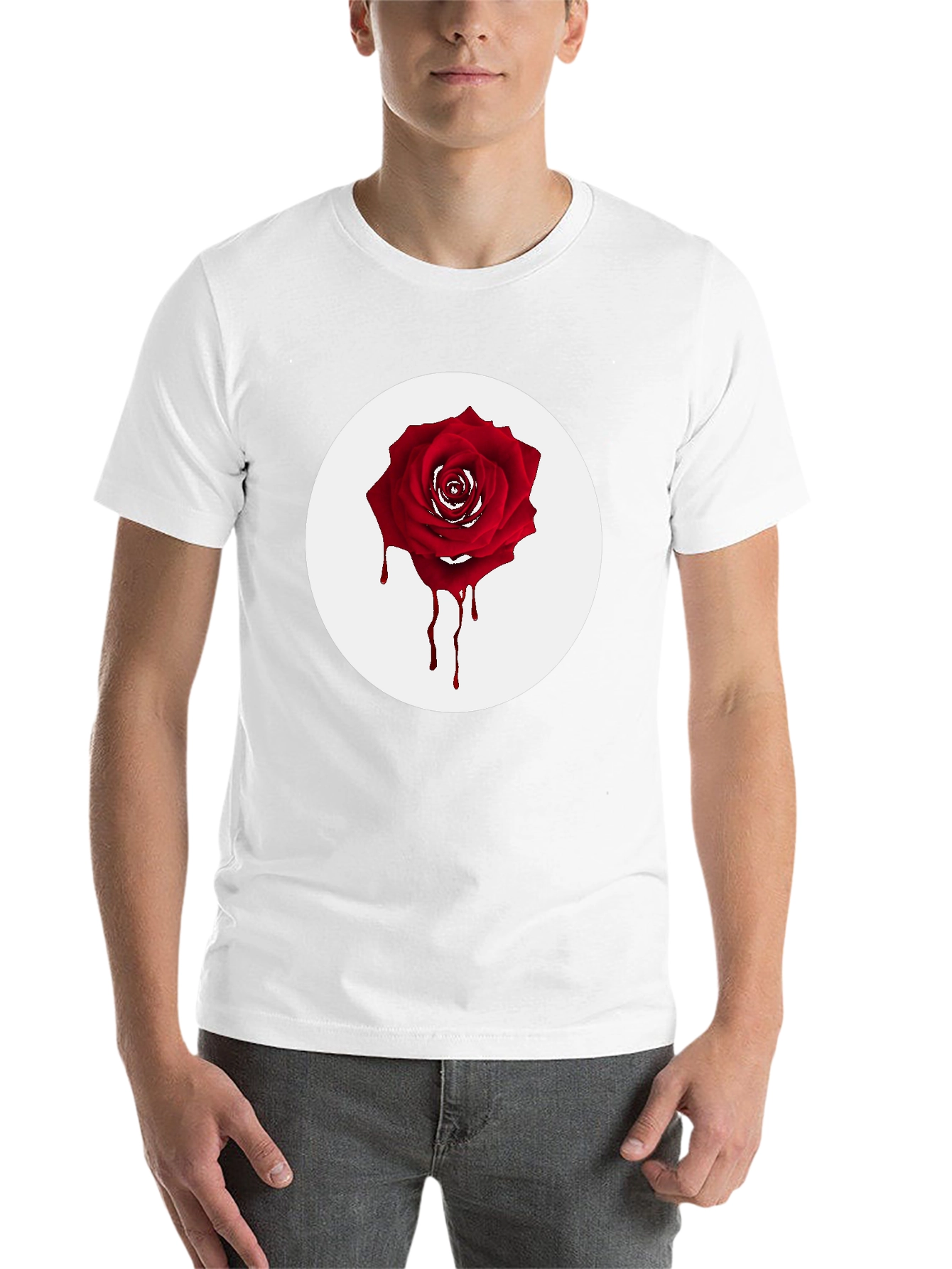 Black Men's Black T-Shirt with Bleeding Rose Graphic view 14