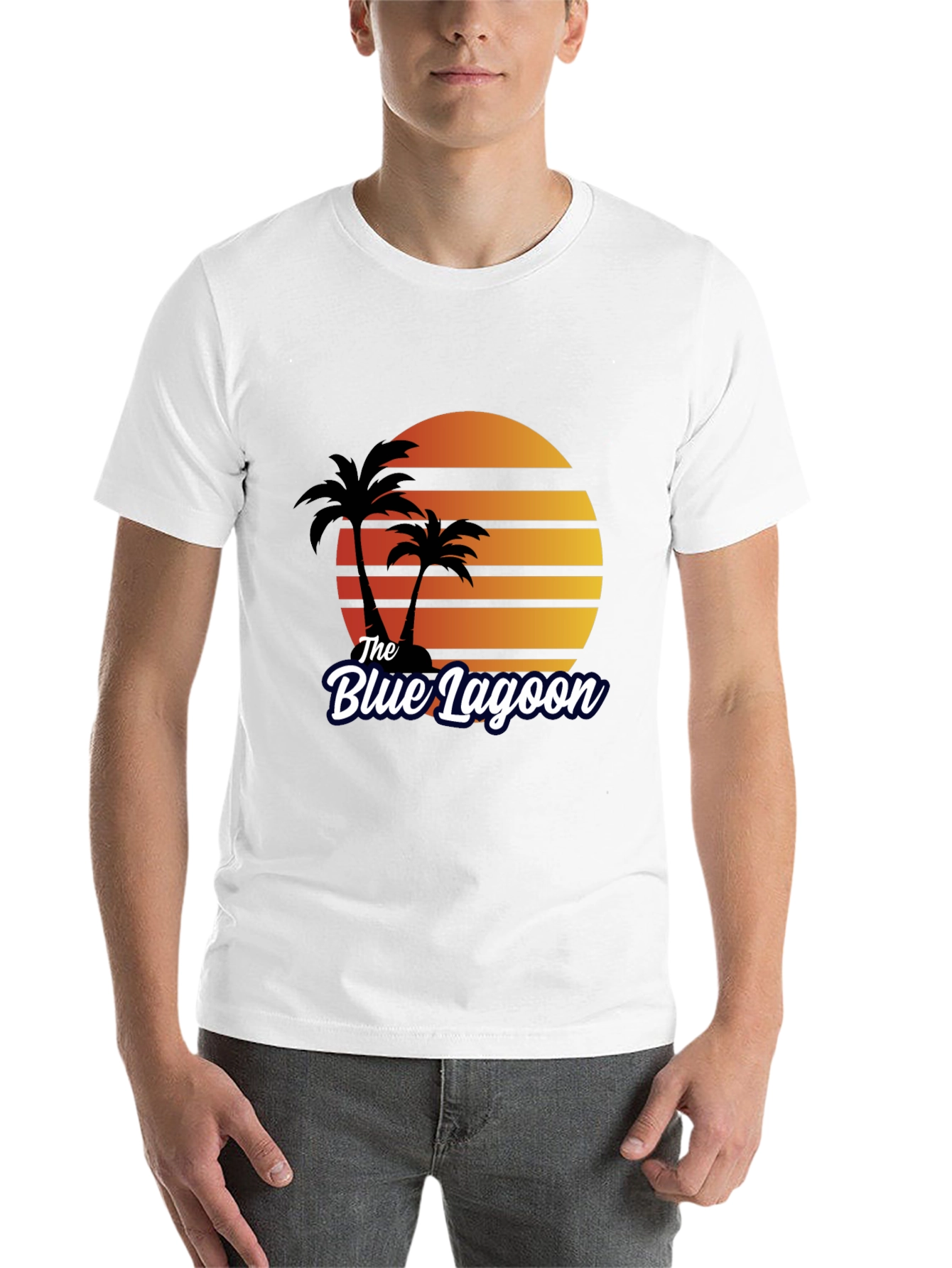 Black The Blue Lagoon Retro T-Shirt - Palm Tree Sunset Tee view 14
