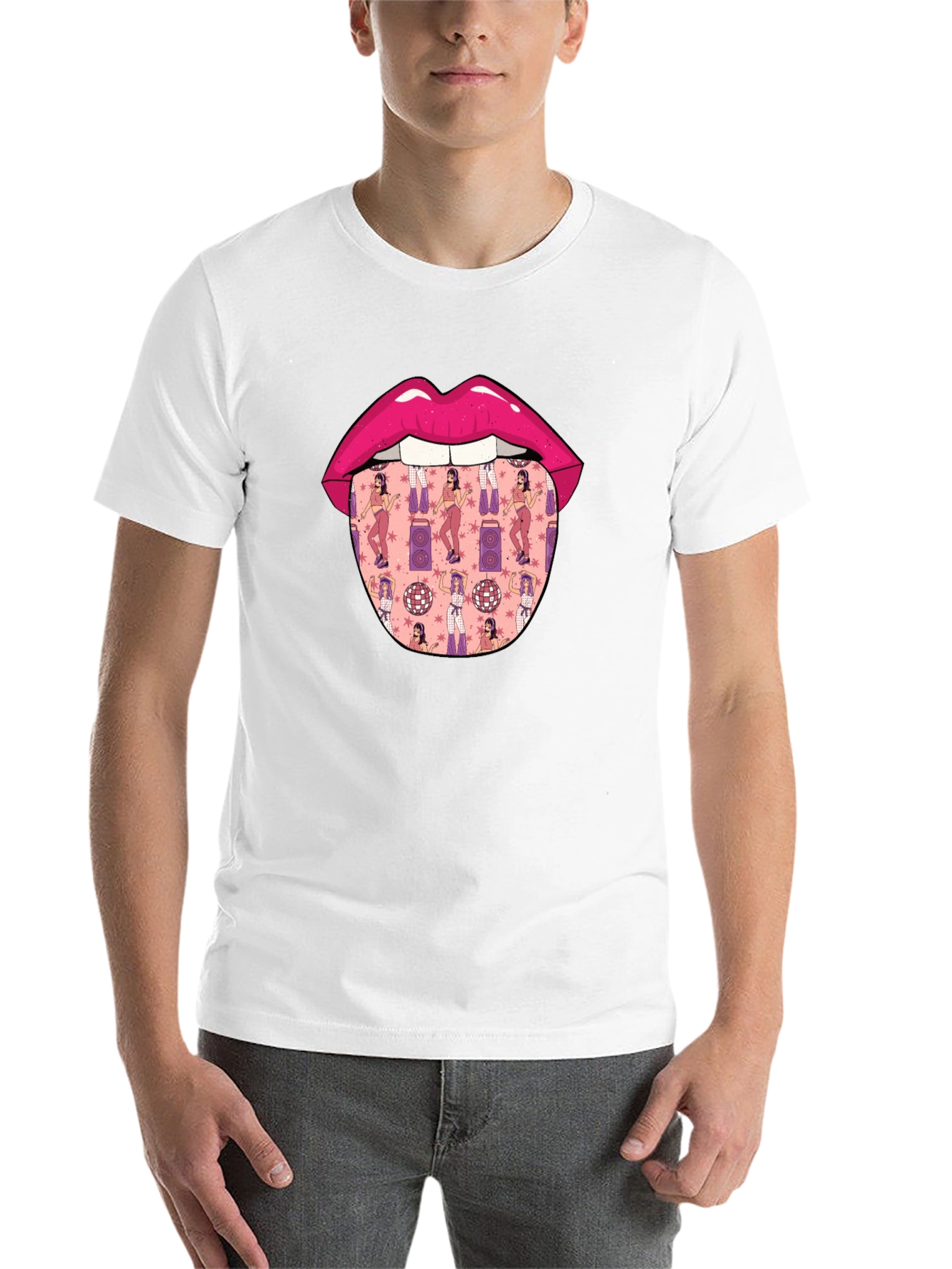 Black Novelty Lips Tongue Disco Pattern T-Shirt view 14