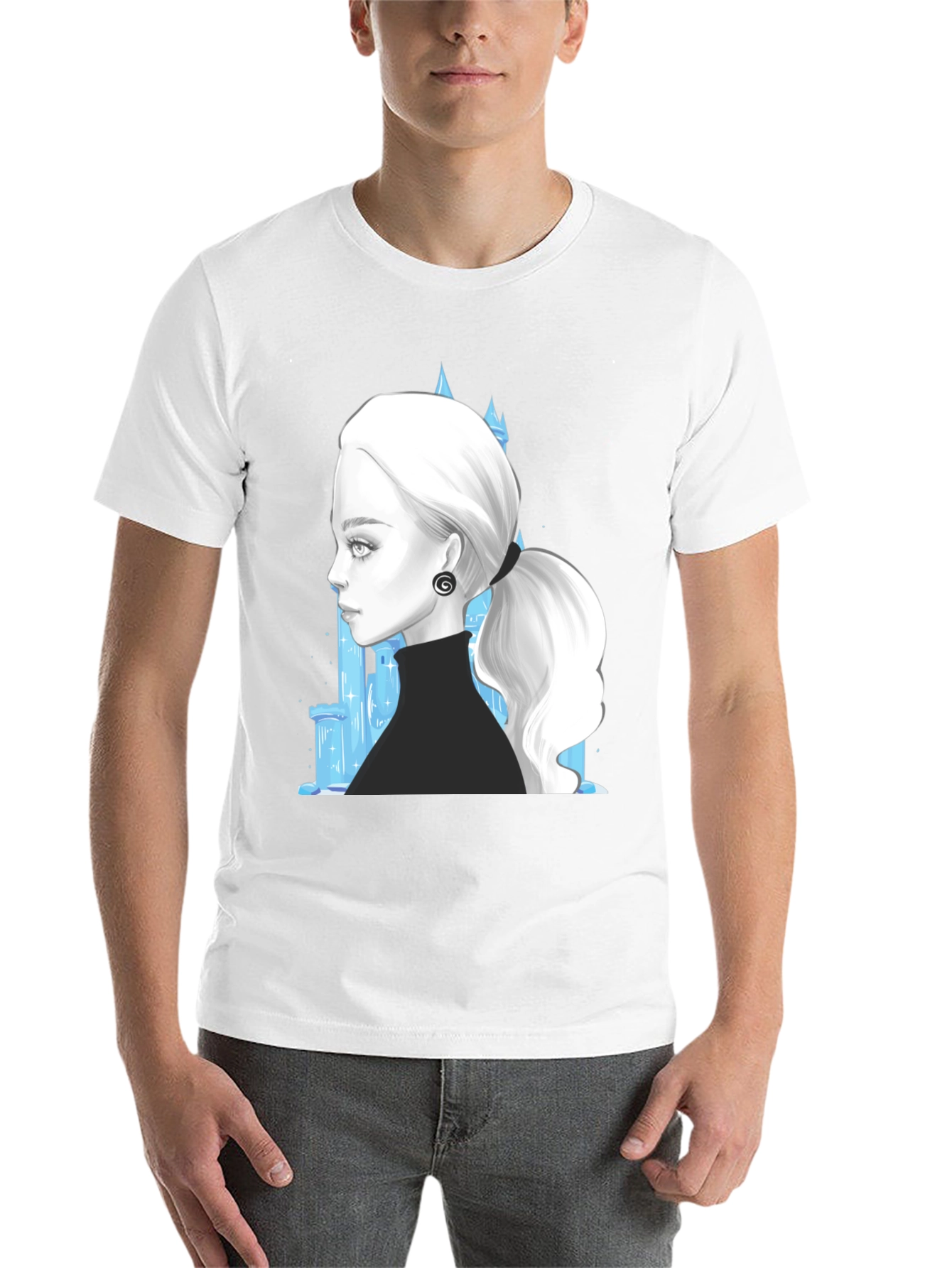 Black Elegant Woman & Ice Castle Graphic Black T-Shirt view 14