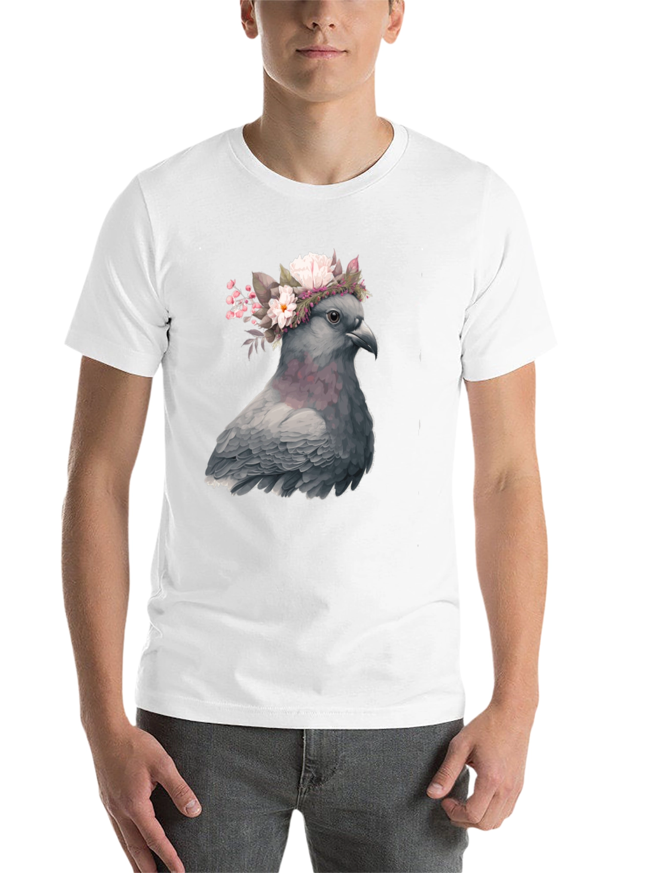Black Pigeon Floral Crown Graphic Tee - Unique Bird Lover's Shirt view 14