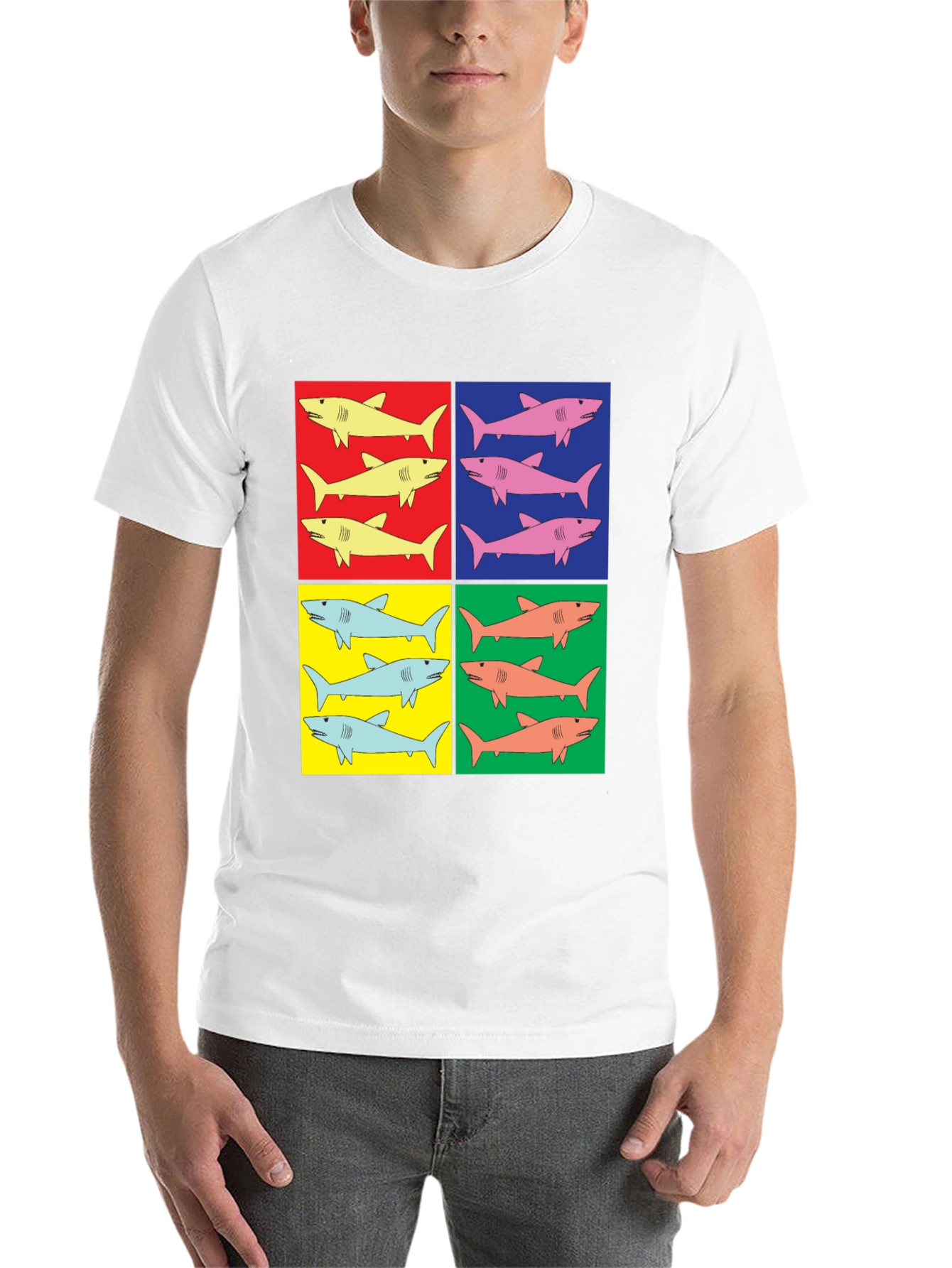 Black Shark Pop Art T-Shirt - Colorful Graphic Tee view 14