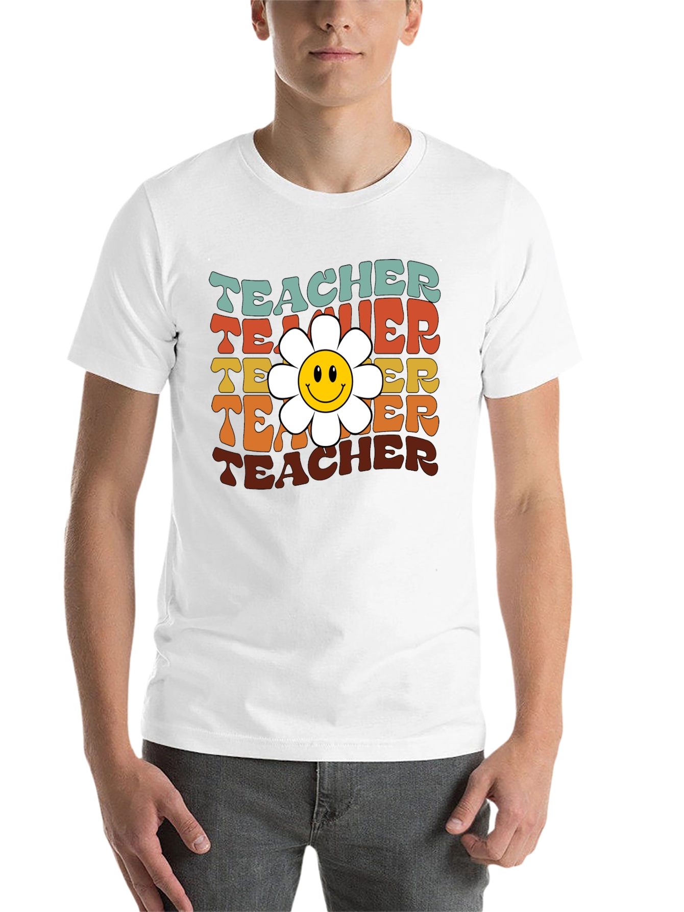 Black Retro Teacher Smiley Flower T-Shirt view 14