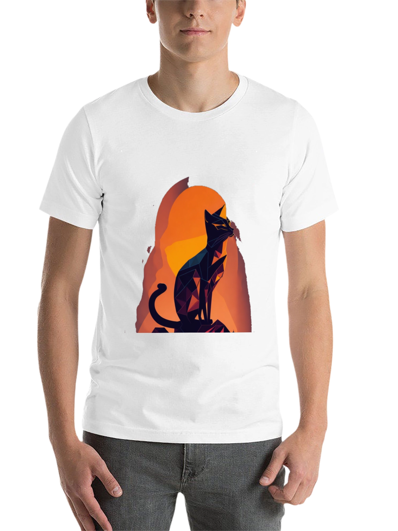 Black Geometric Cat Graphic Tee - Black Cotton Blend view 14