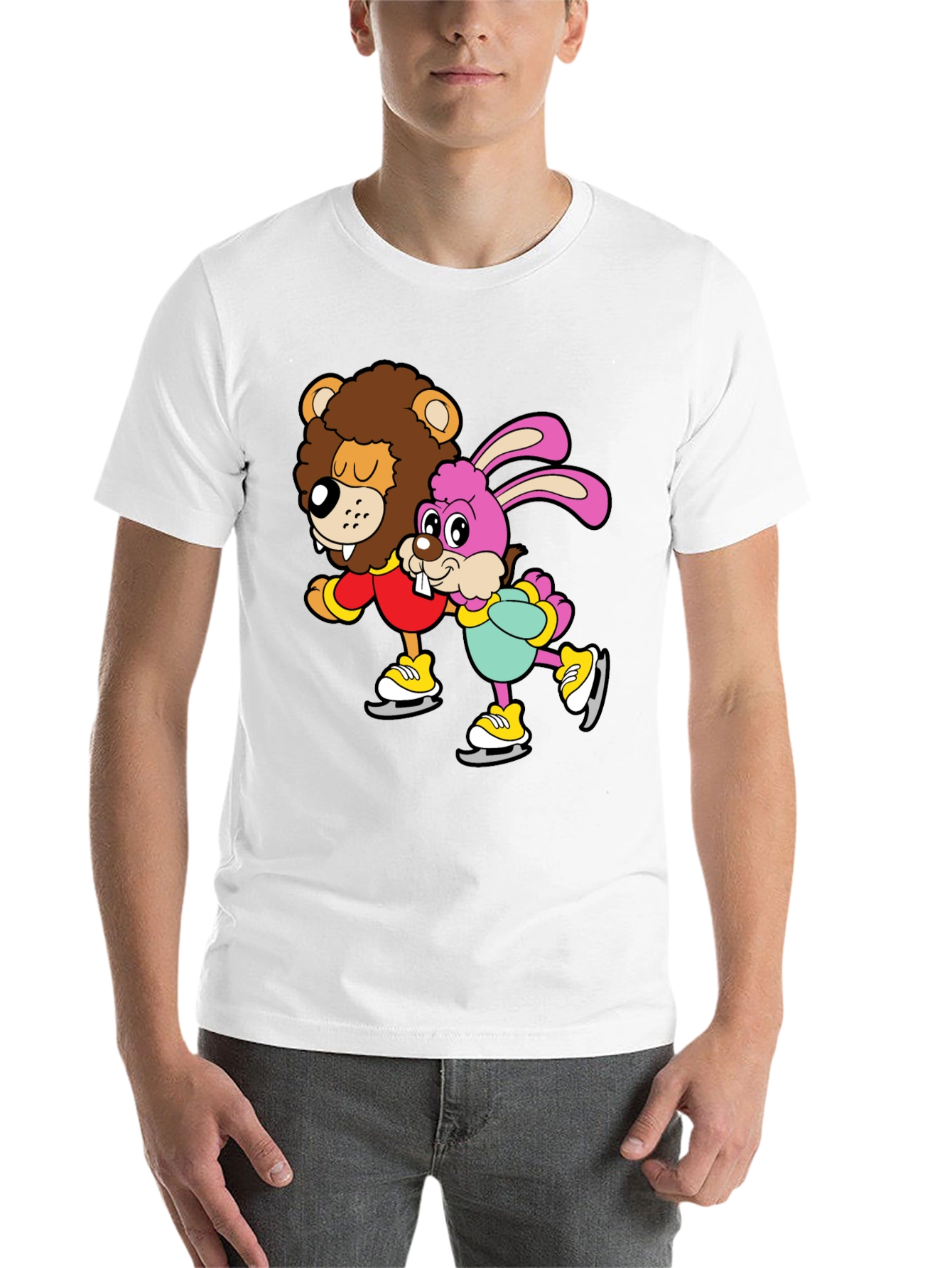 Black Lion & Bunny Ice Skating Cartoon Graphic T-Shirt view 14