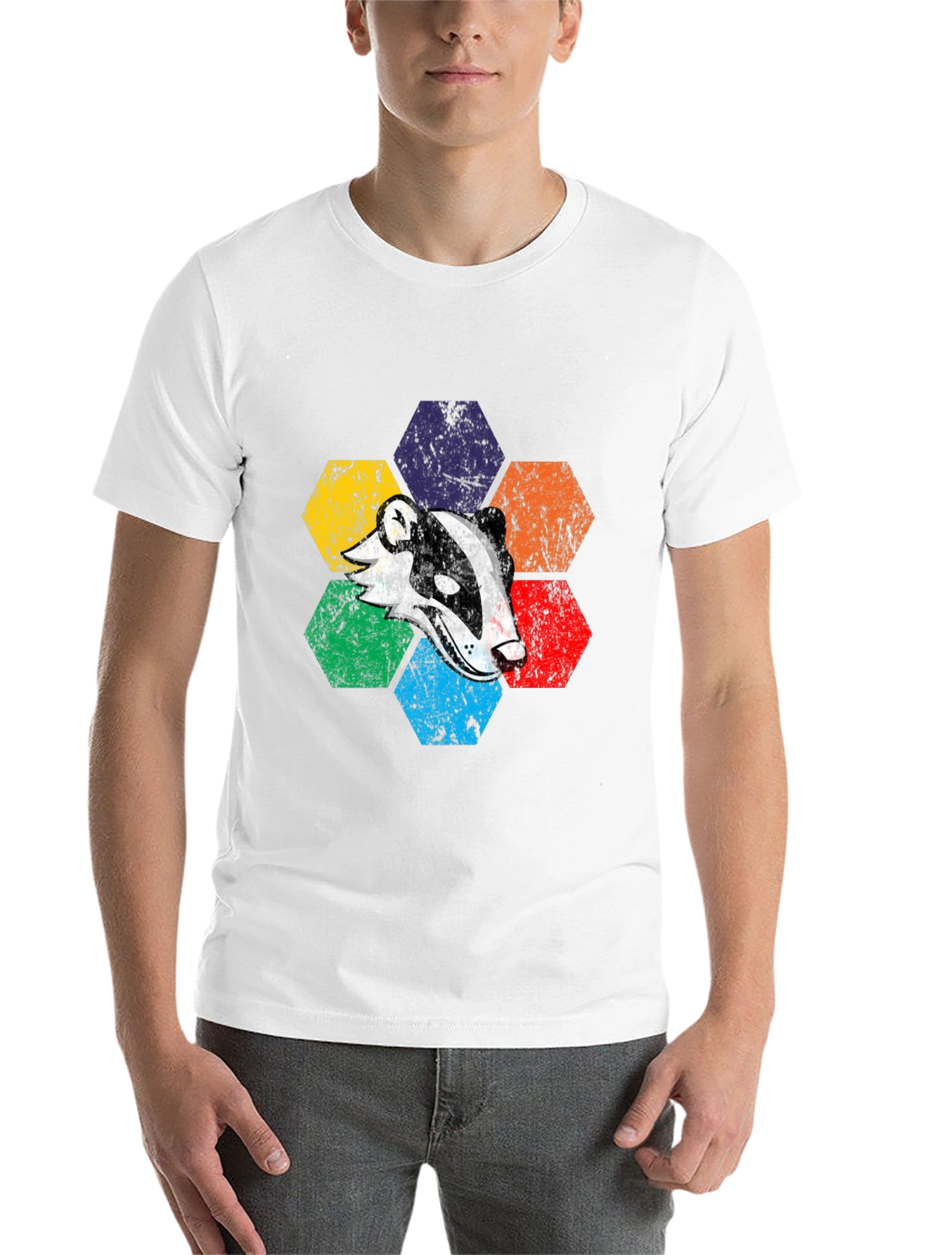 Black Retro Badger Hexagon T-Shirt - Unique Graphic Tee view 14