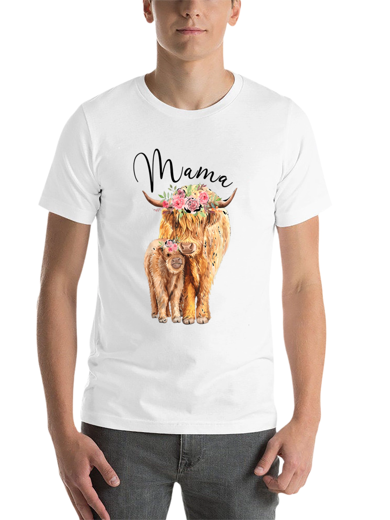 Black Mama Highland Cow T-Shirt: Floral Crowned Cow & Calf Tee view 14