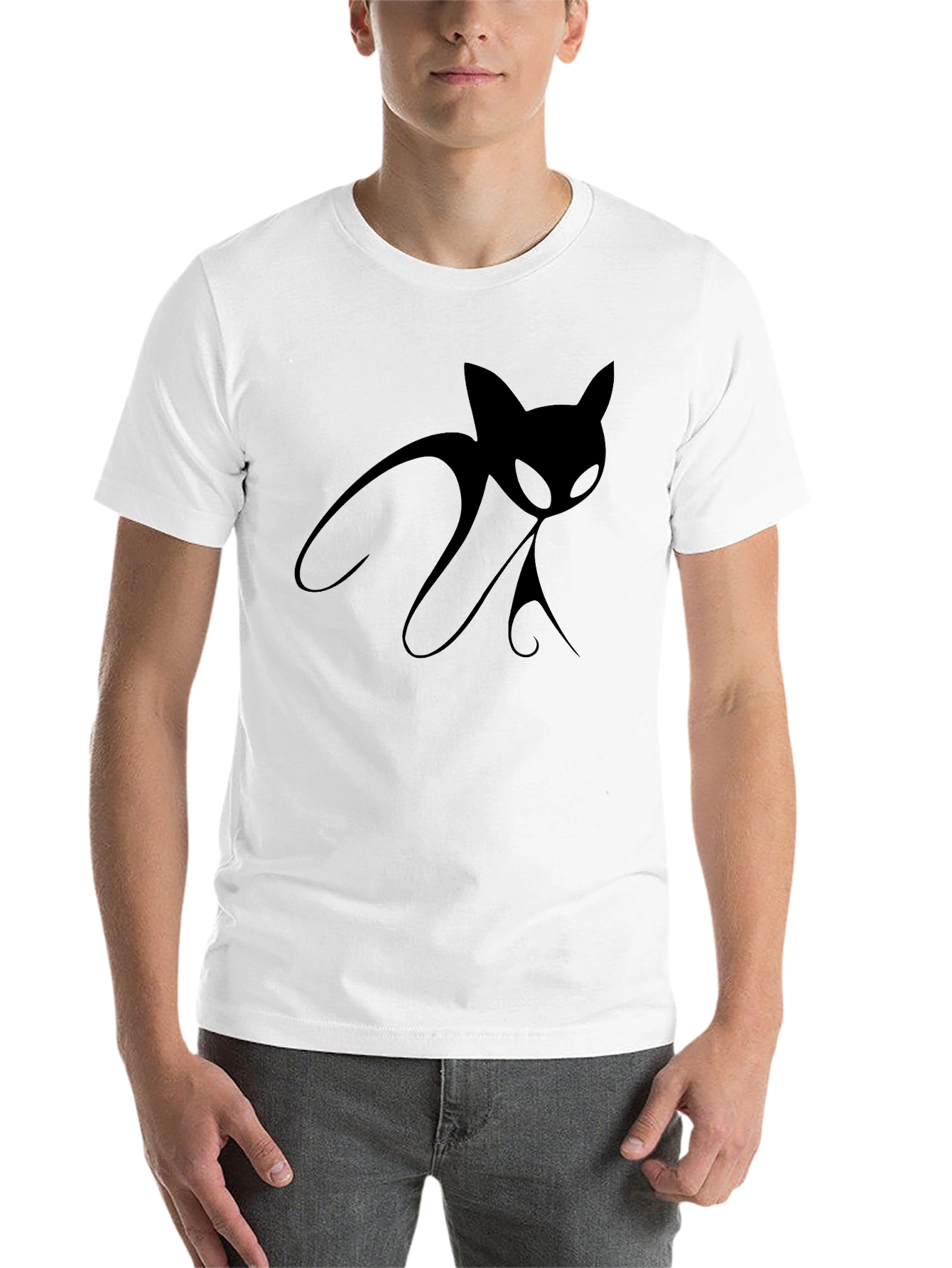 Black Men's Black T-Shirt with Stylized Cat Design view 14