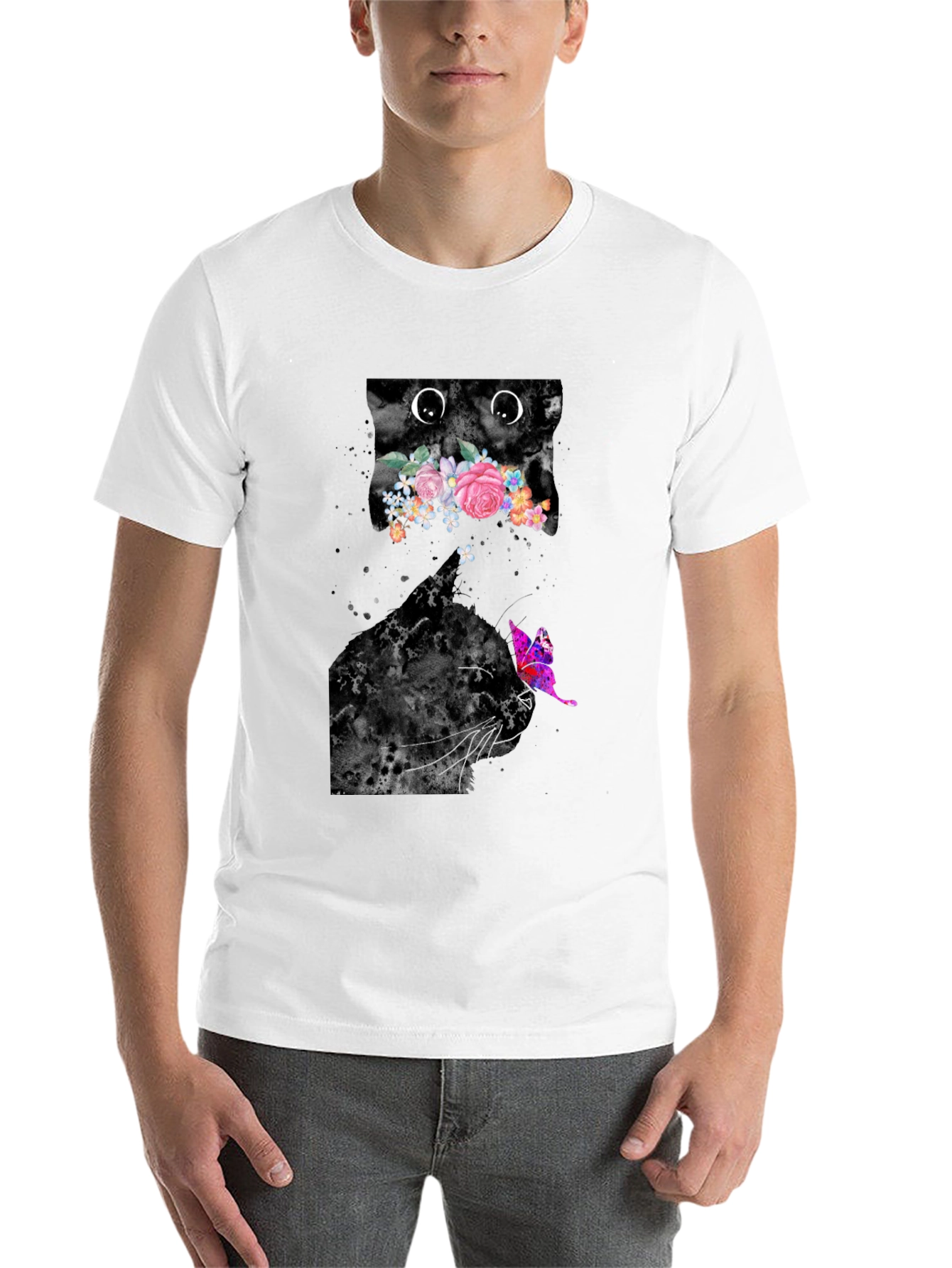 Black Floral Cat Graphic Tee - Trendy Men's Black T-Shirt view 14