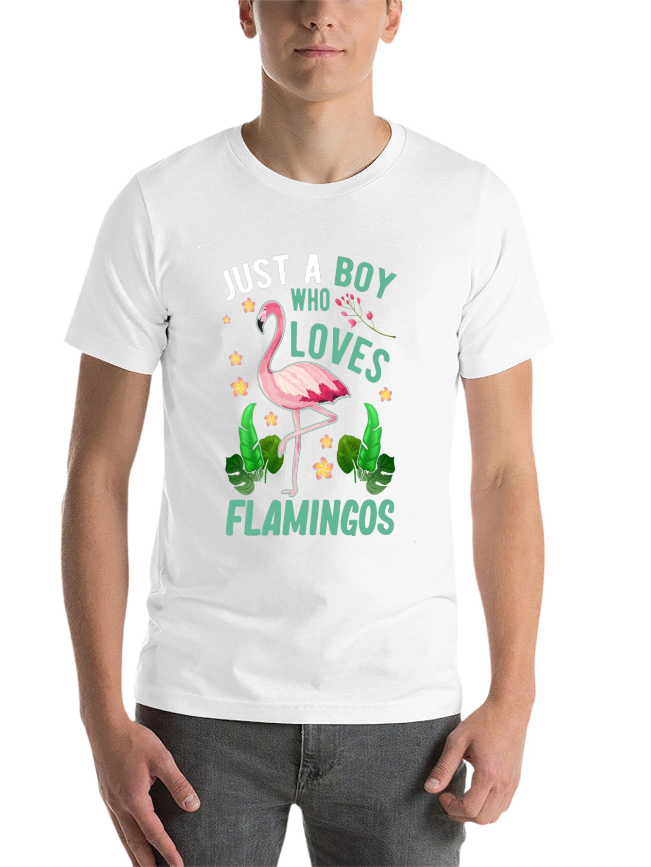 Black Just A Boy Who Loves Flamingos T-Shirt view 14