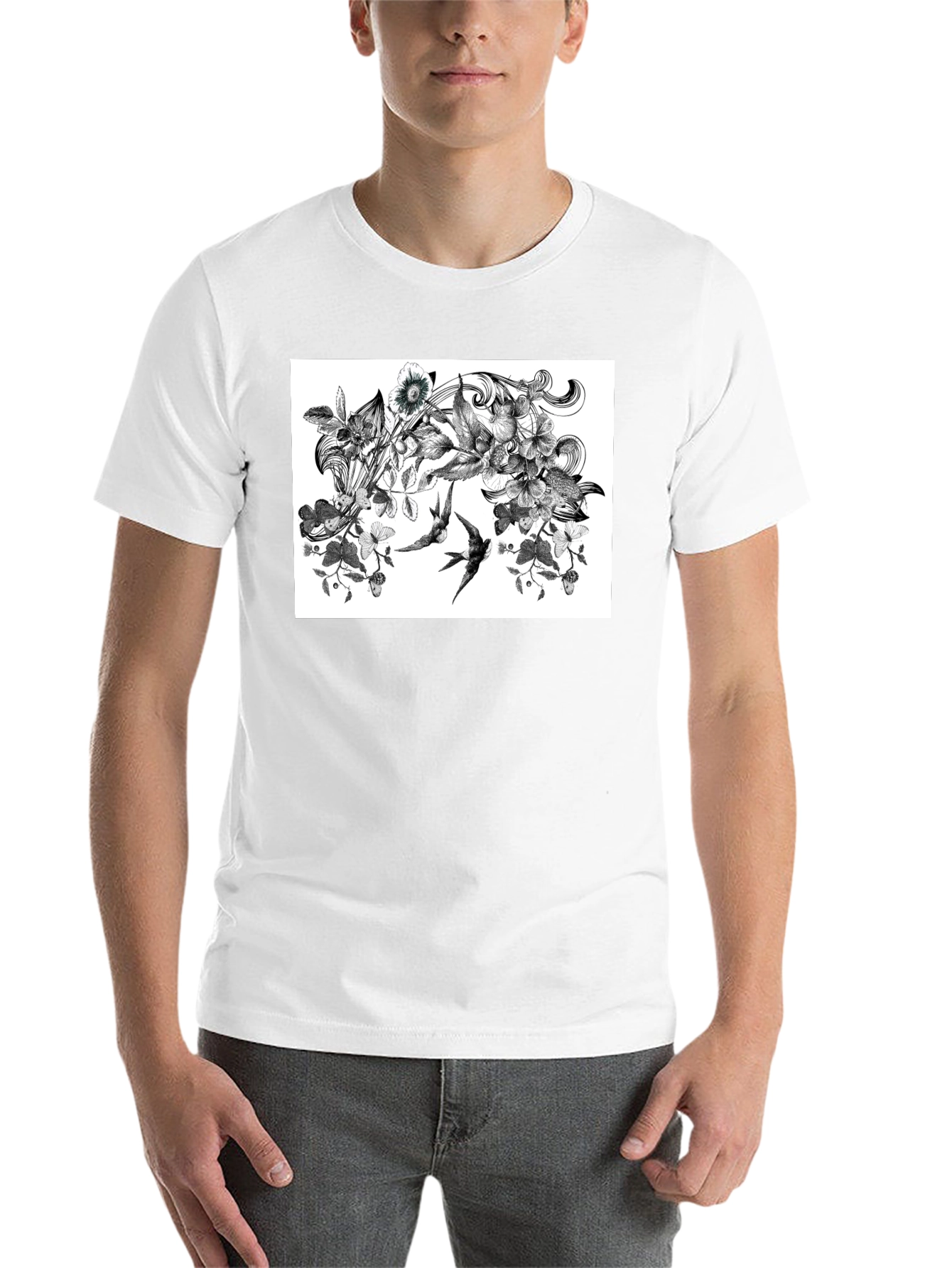 Black Botanical Swallow T-Shirt - Artistic Black Tee view 14