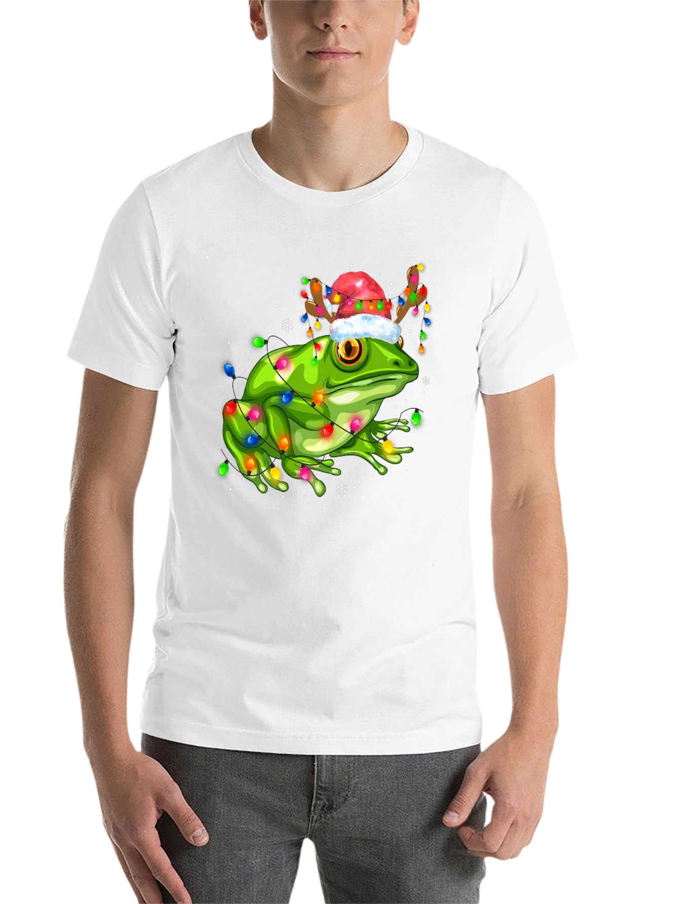 Black Festive Frog Tee: Christmas Lights & Reindeer Hat view 14