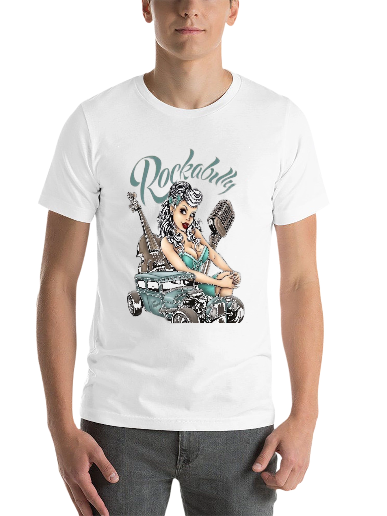 Black Rockabilly Style T-Shirt with Car & Pin-up Girl Design view 14