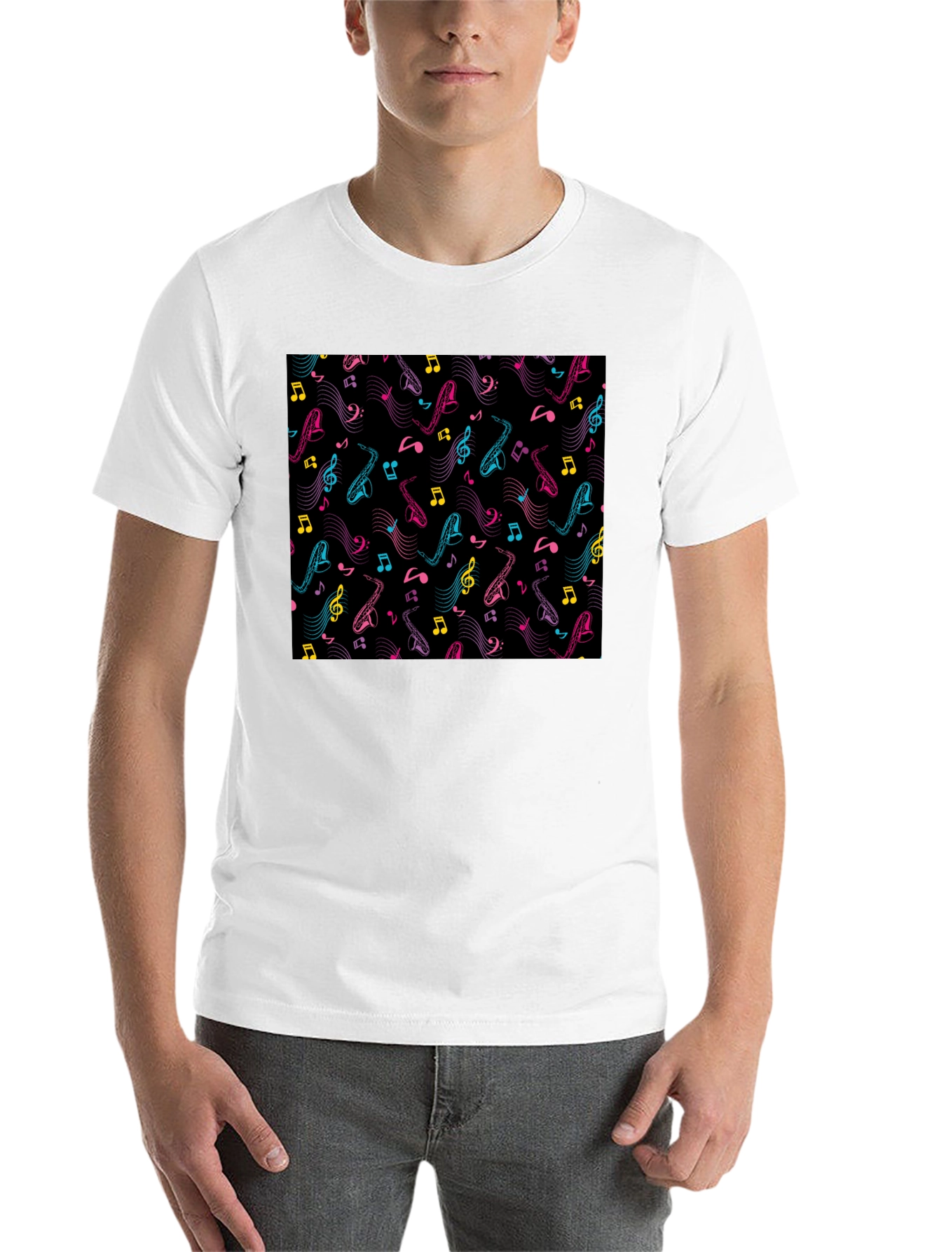 Black Musical Saxophone Pattern T-Shirt - Black view 14