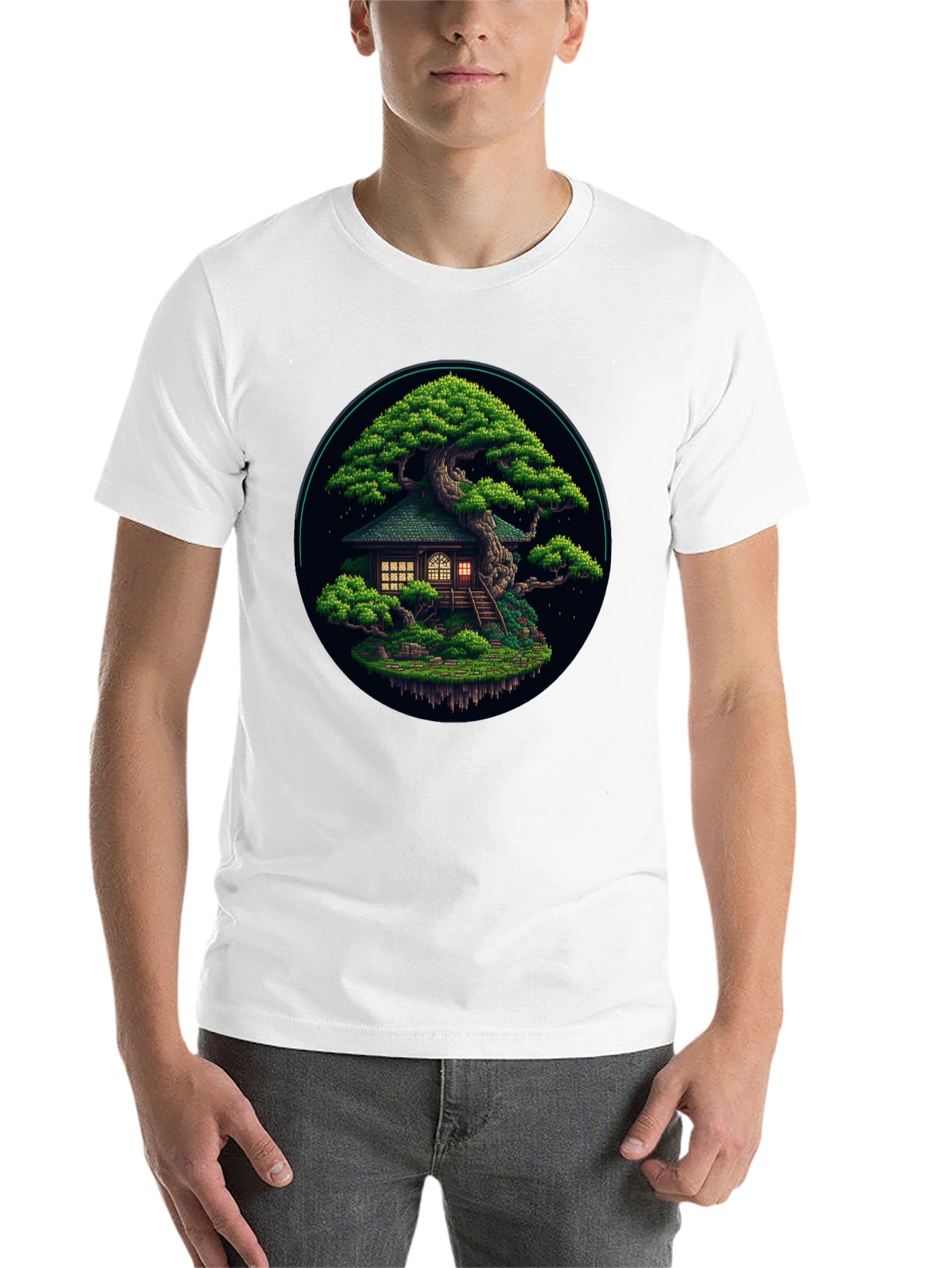 Black Pixel Art Bonsai Tree House Black T-Shirt view 14