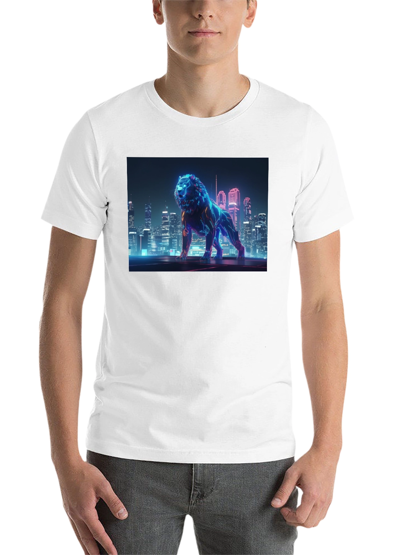 Black Neon Lion Cityscape Graphic Black Tee view 14