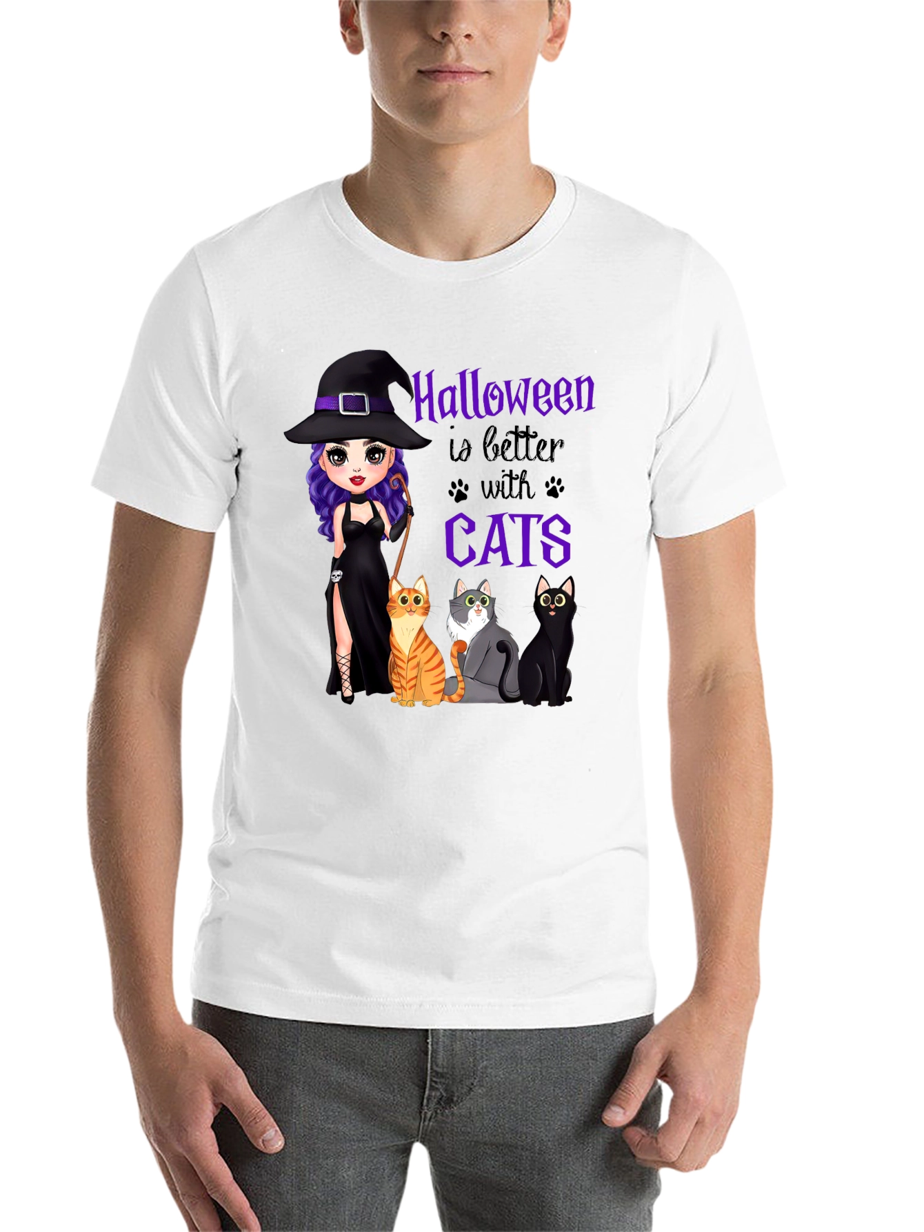 Black Halloween Witch and Cats T-Shirt view 14
