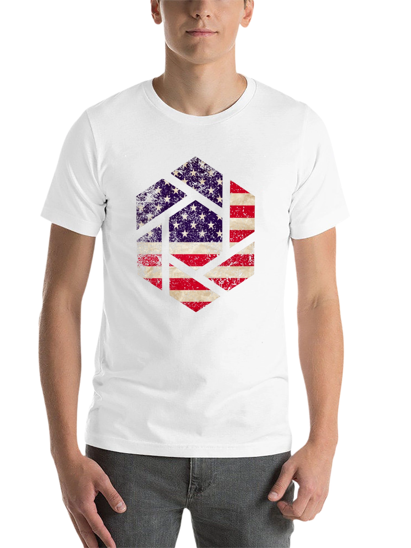 Black American Flag Hexagon Graphic Tee - Patriotic Design view 14
