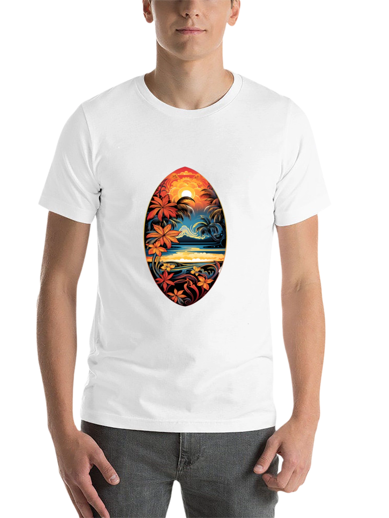 Black Tropical Island Surfboard Design Black T-Shirt view 14