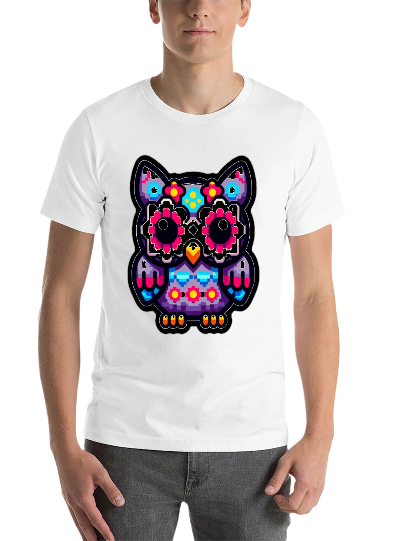 Black Pixel Owl T-Shirt - Colorful Graphic Tee view 14