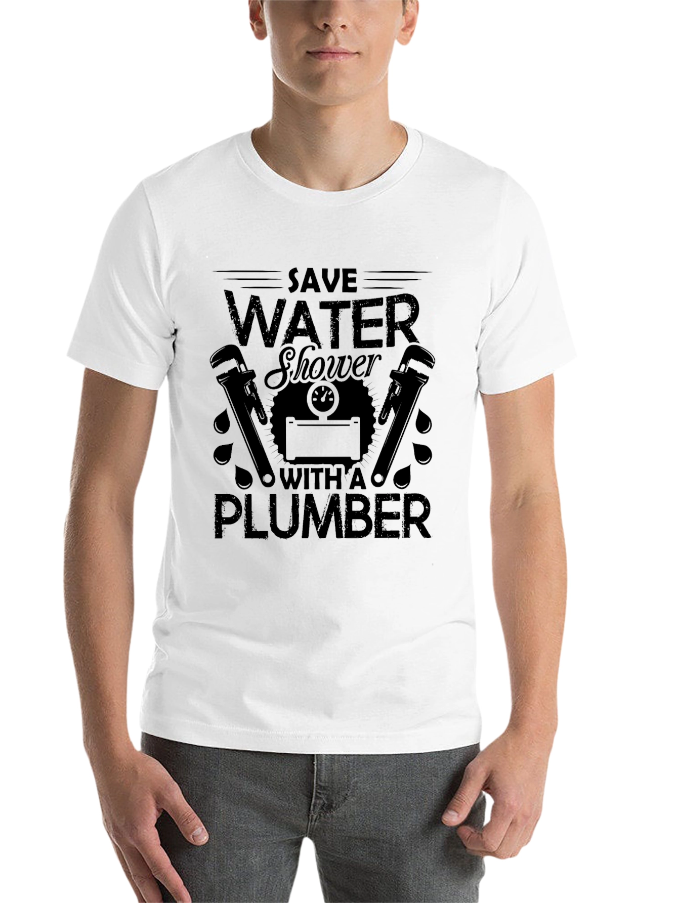 Black Save Water Shower With A Plumber Black Graphic T-Shirt view 14
