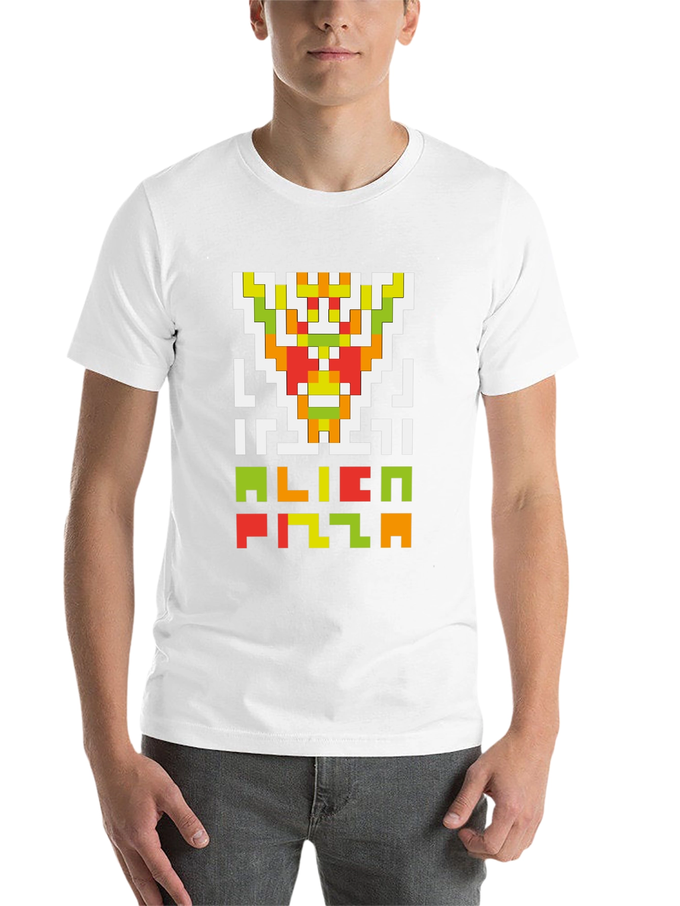 Black Alien Pizza Pixel Art Black T-Shirt view 14