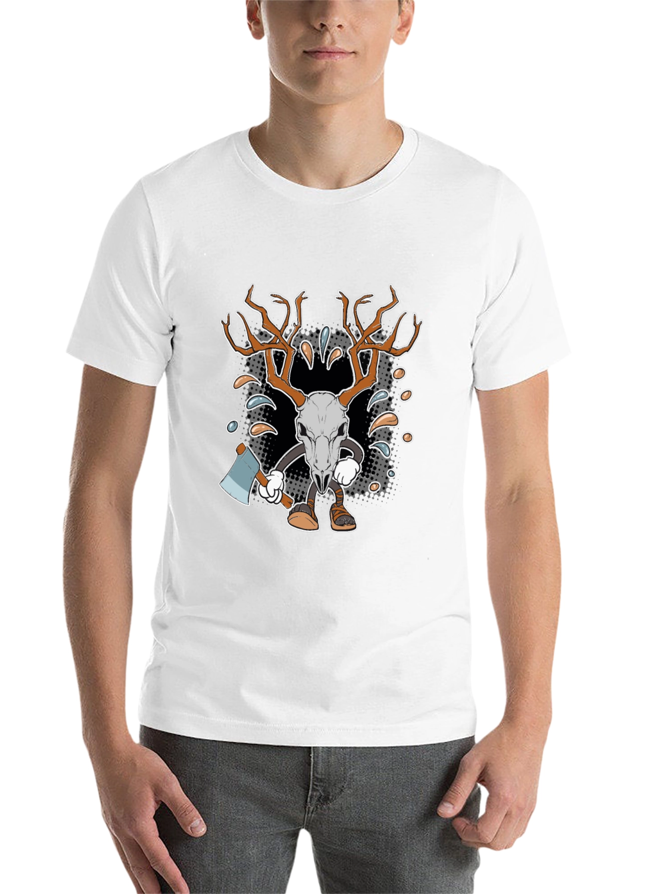 Black Cartoon Deer Skull Axe T-Shirt view 14