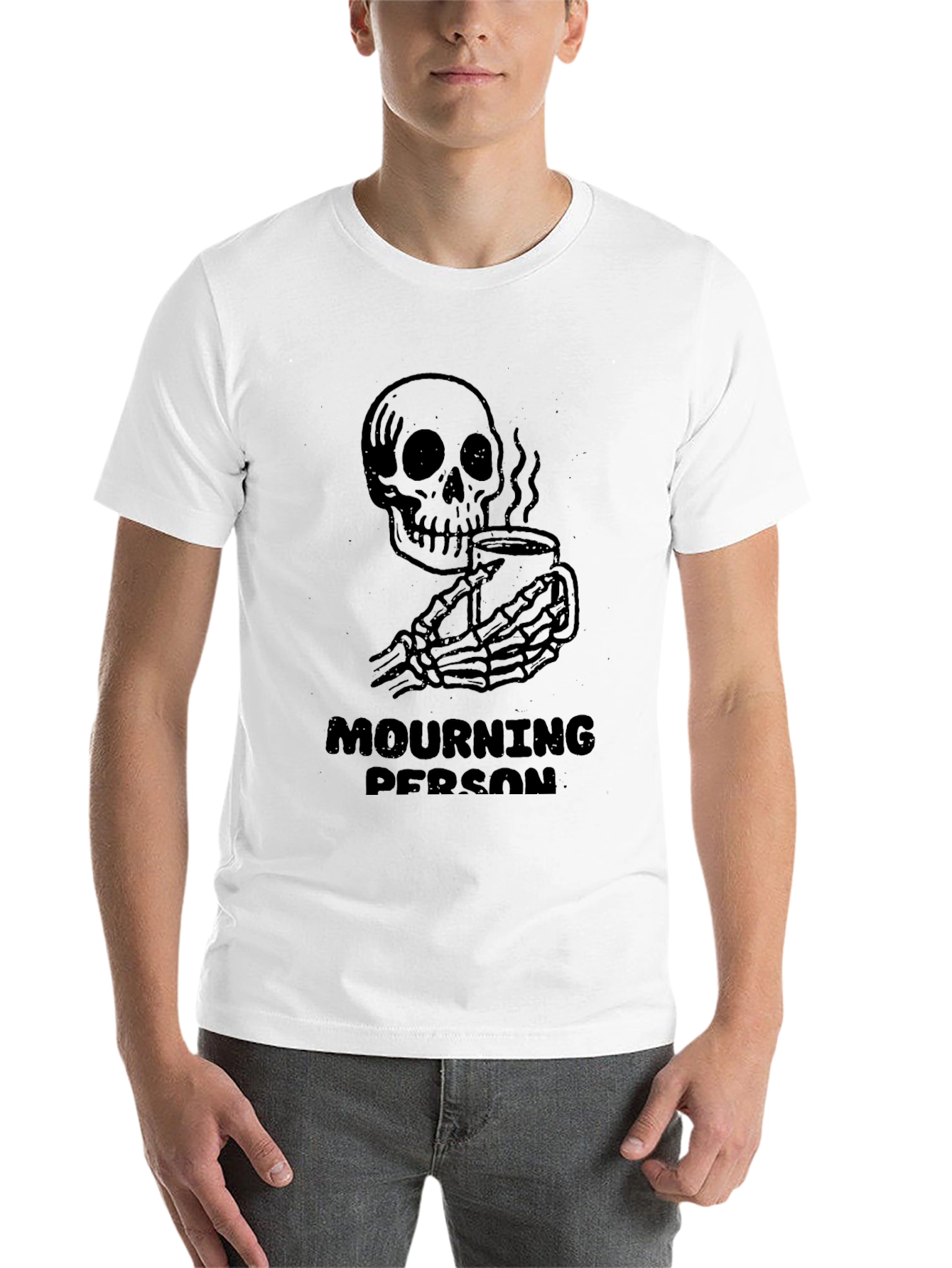 Black Mourning Person T-Shirt - Skeleton Coffee Graphic Tee view 14