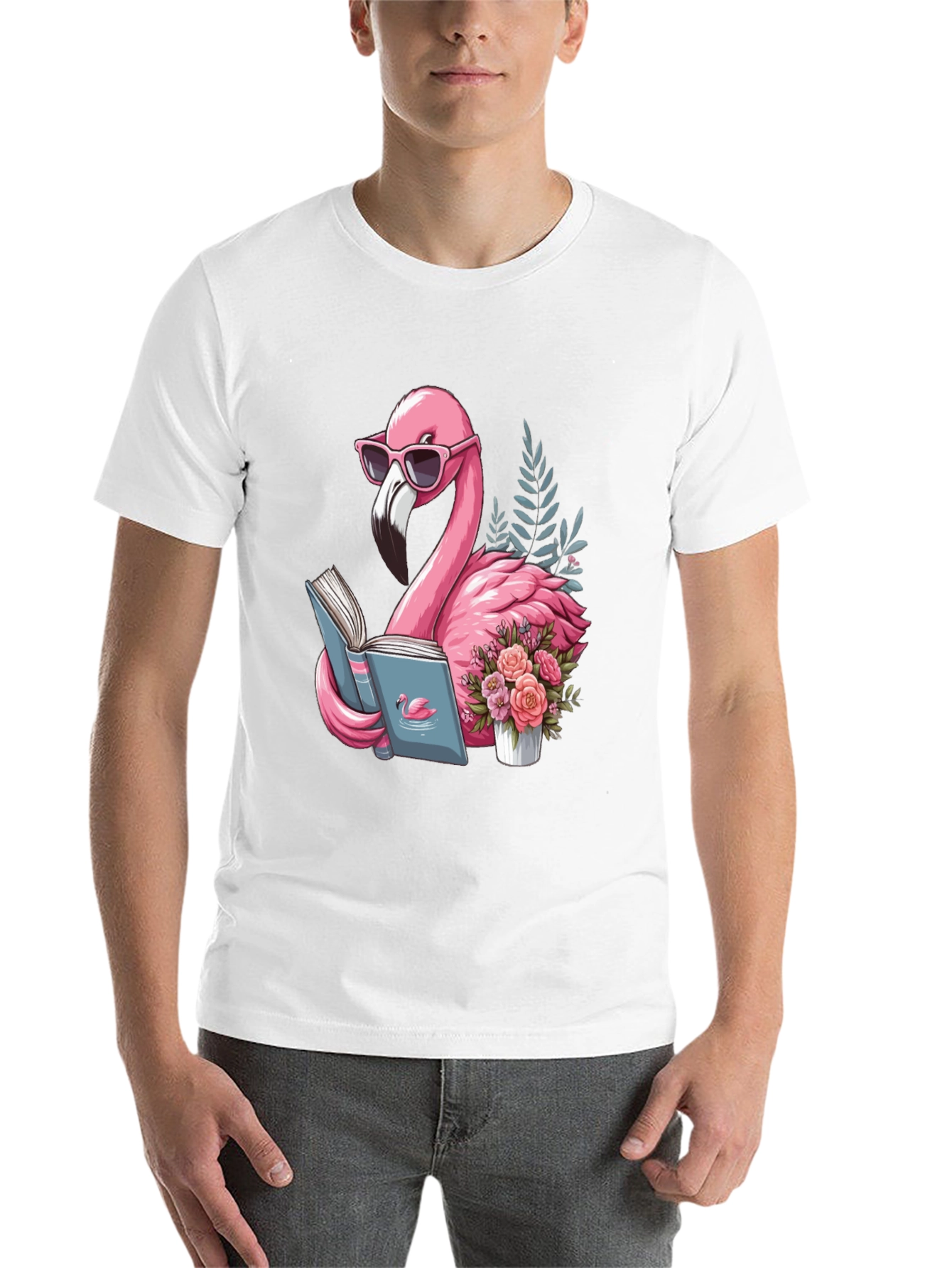 Black Flamingo Reading T-Shirt - Black Cotton Tee view 14