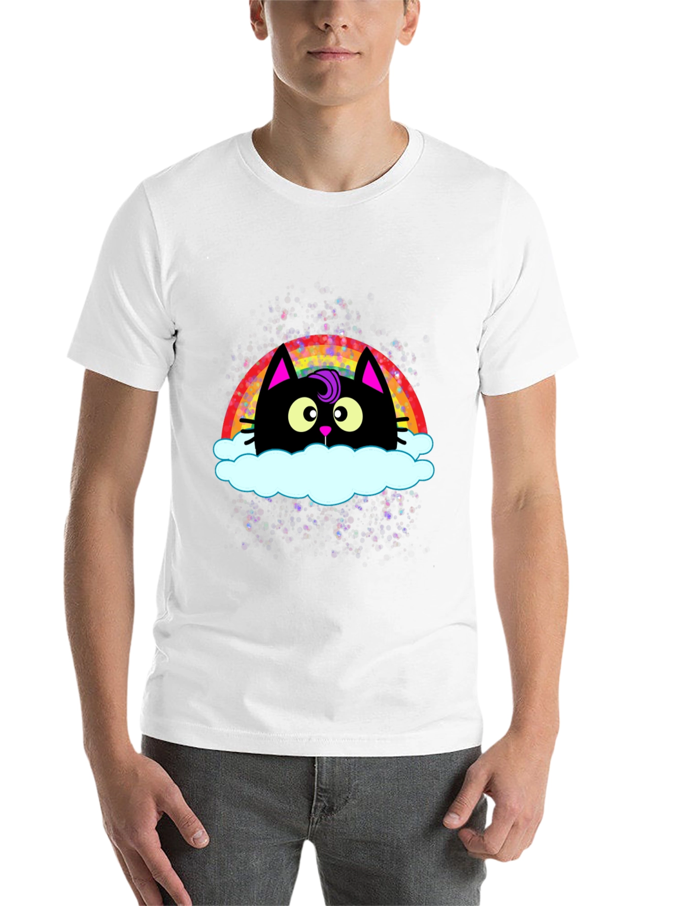 Black Rainbow Cat Cloud Graphic T-Shirt - Trendy Casual Tee view 14