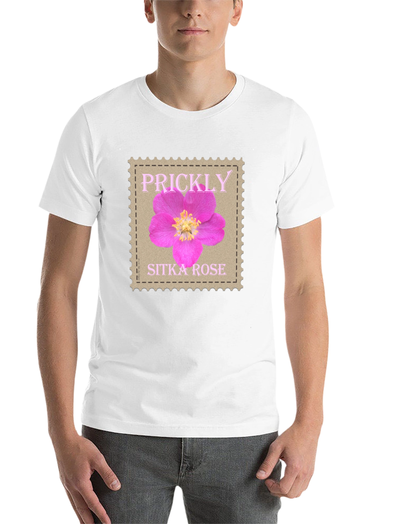Black Prickly Sitka Rose Stamp Style T-Shirt view 14