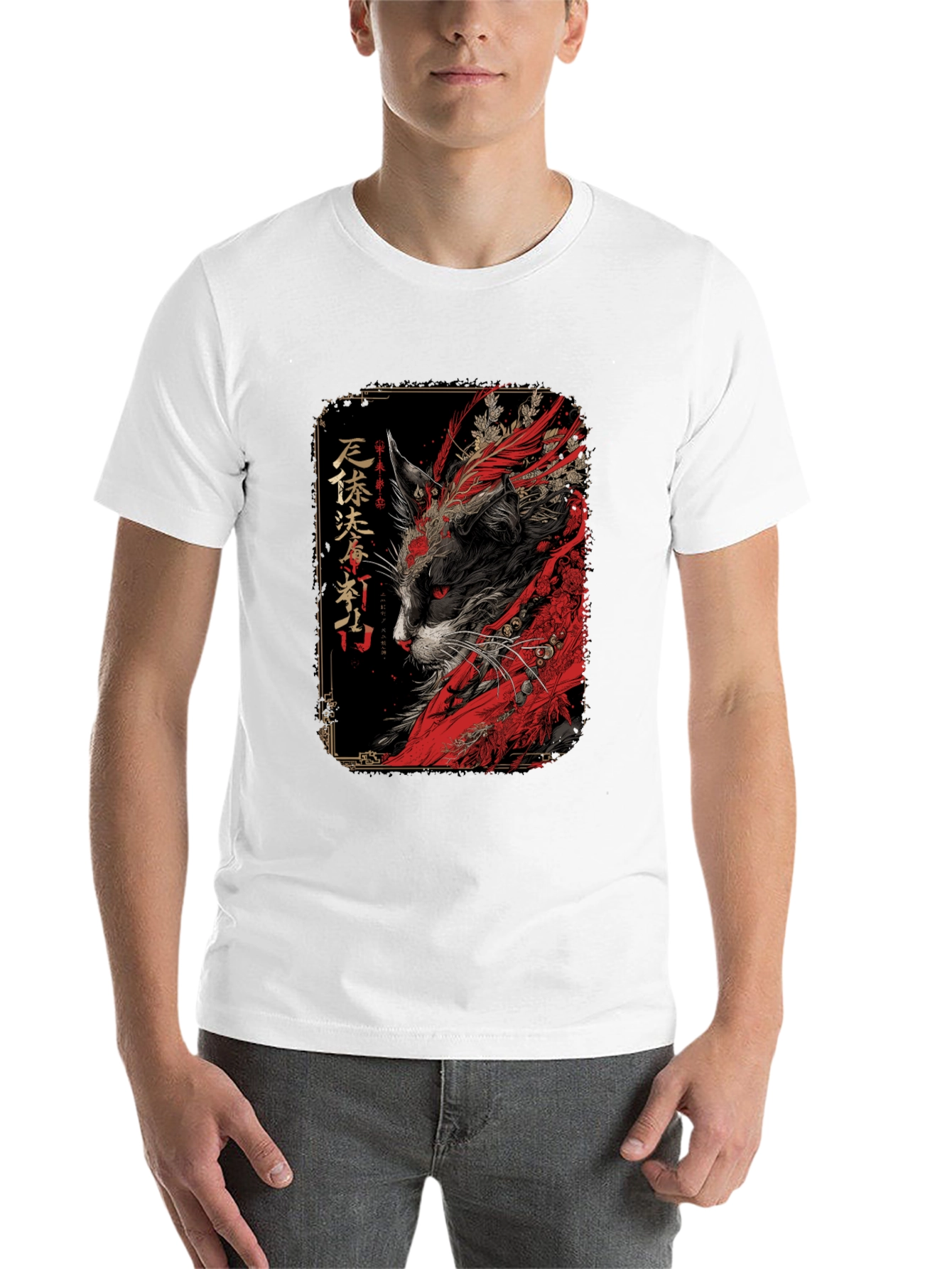 Black Japanese Cat Art T-Shirt view 14