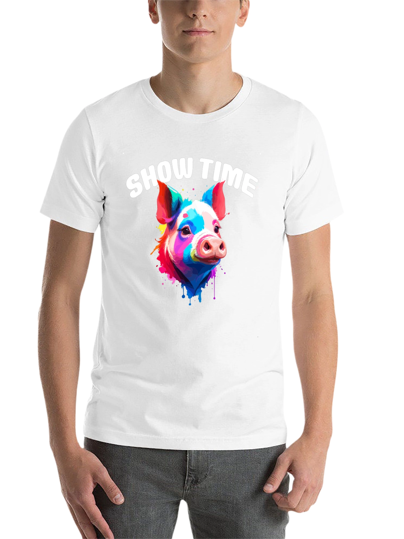 Black Show Time Pig T-Shirt: Colorful Animal Graphic Tee view 14