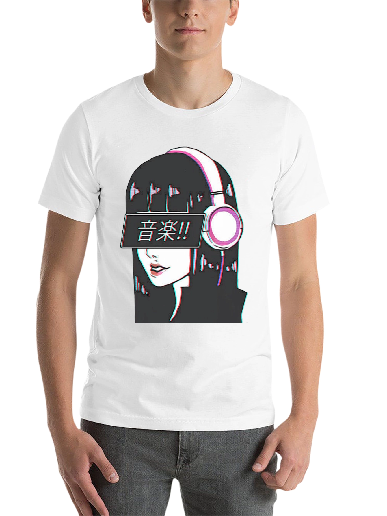 Black Anime Girl Music T-Shirt - Glitch Effect view 14