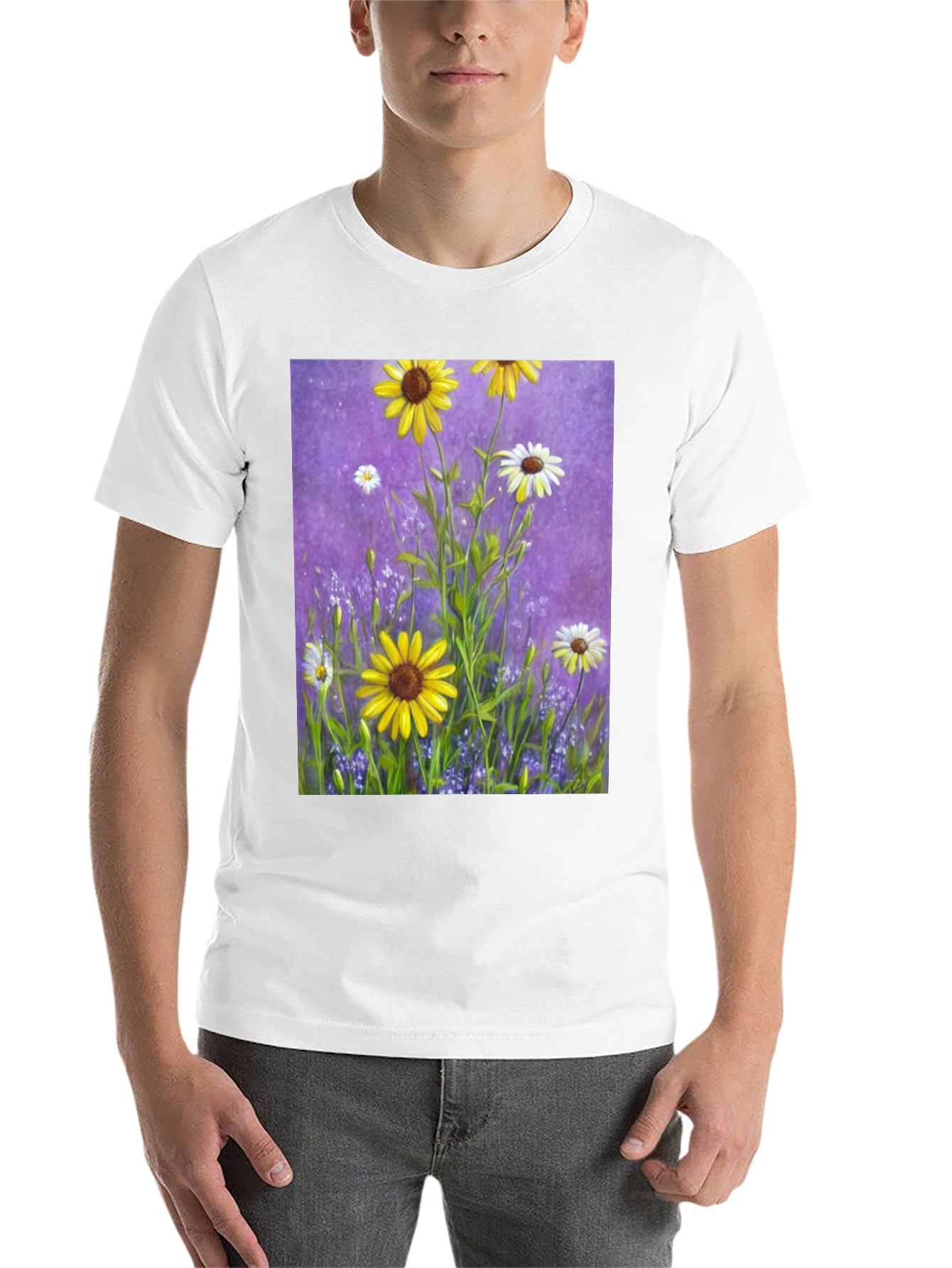 Black Floral Garden T-Shirt: Vibrant Sunflower Meadow Design view 14