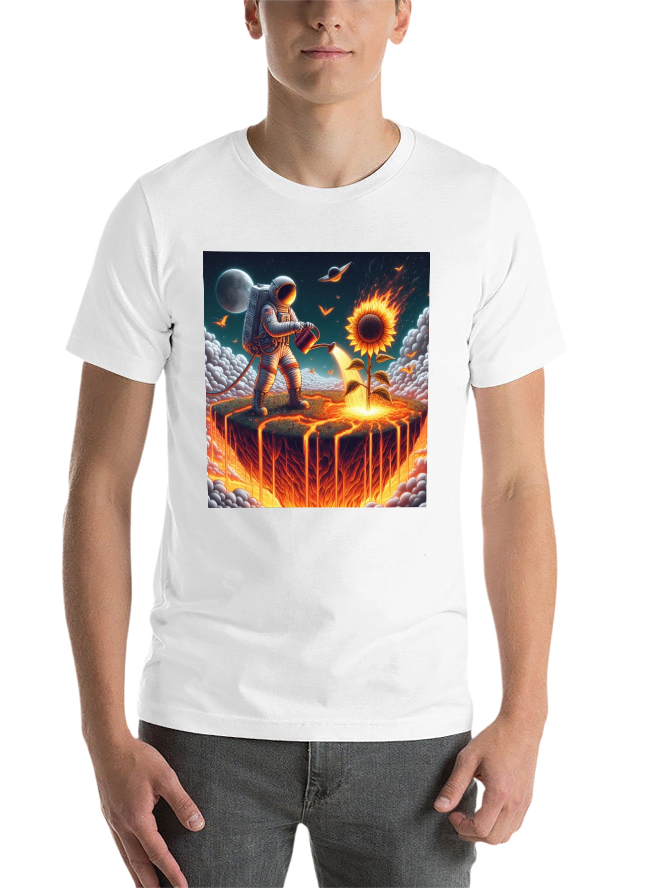 Black Astronaut Watering Fire Sunflower T-Shirt view 14