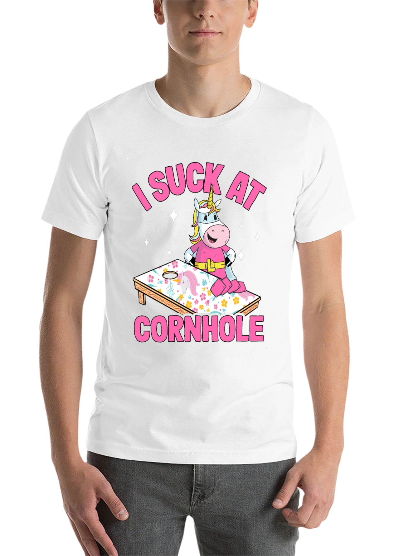 Black I Suck At Cornhole Unicorn T-Shirt view 14