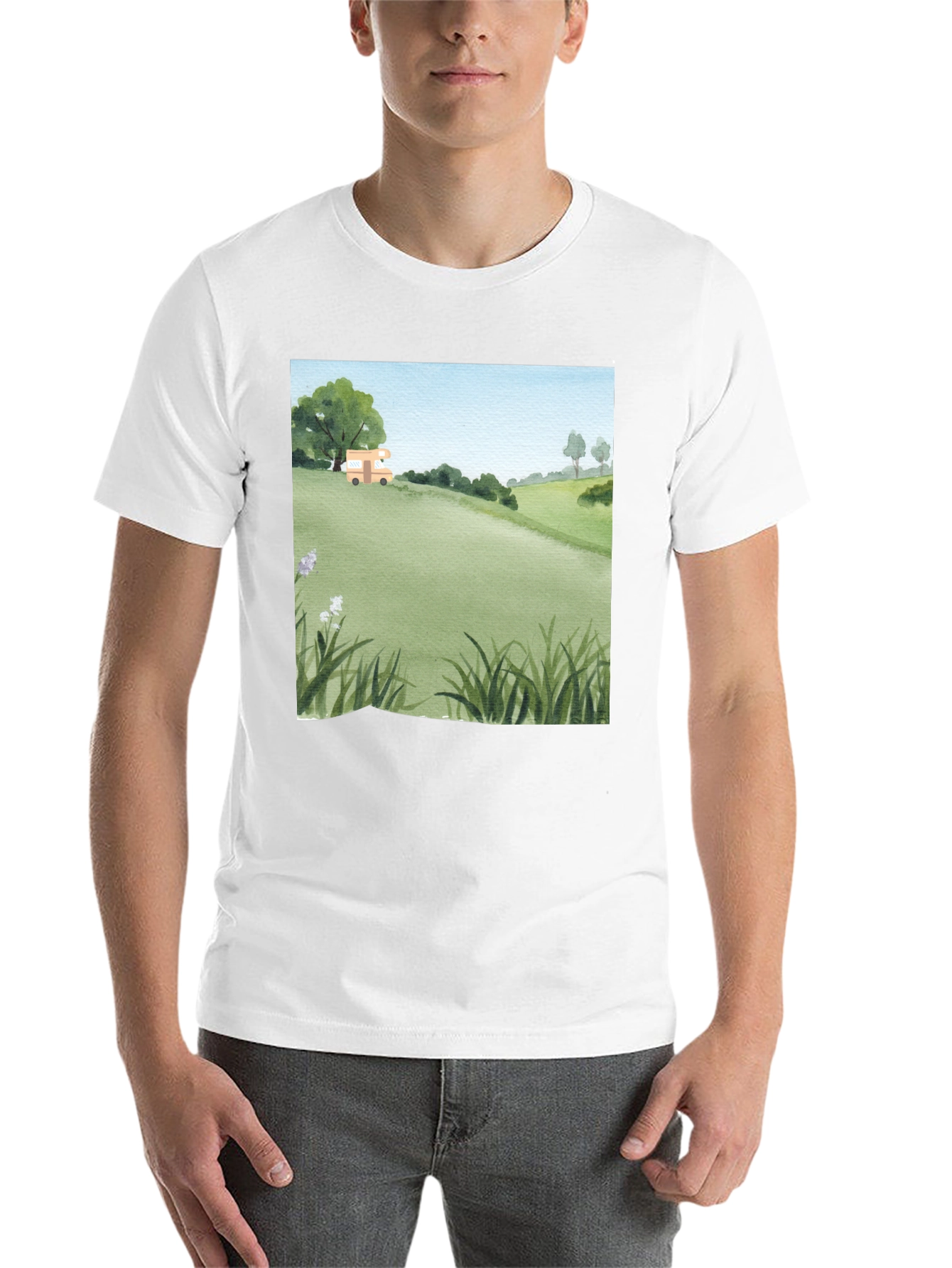 Black Watercolor Landscape Camper T-Shirt view 14