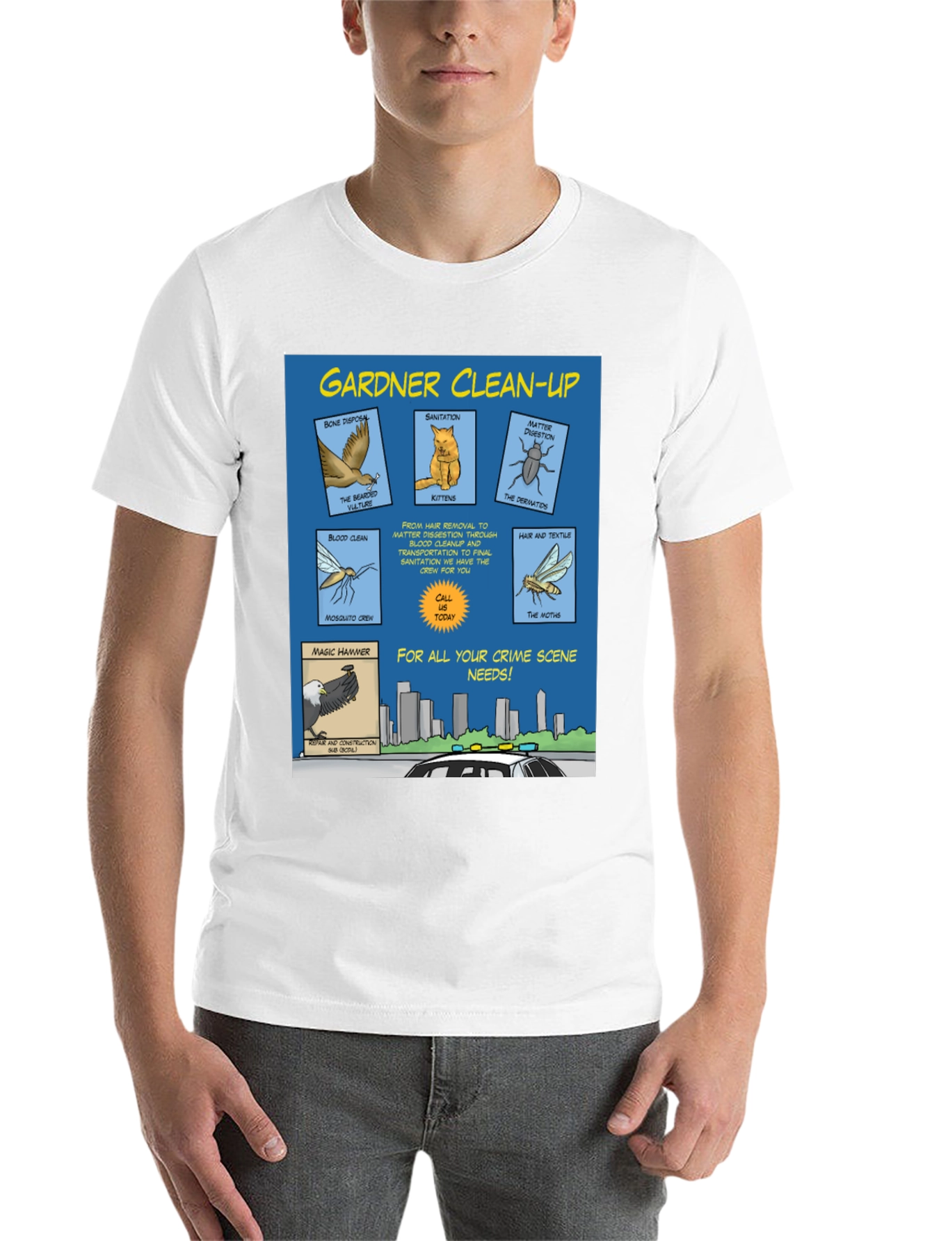 Black Gardner Clean-Up T-Shirt - Crime Scene Cartoon view 14