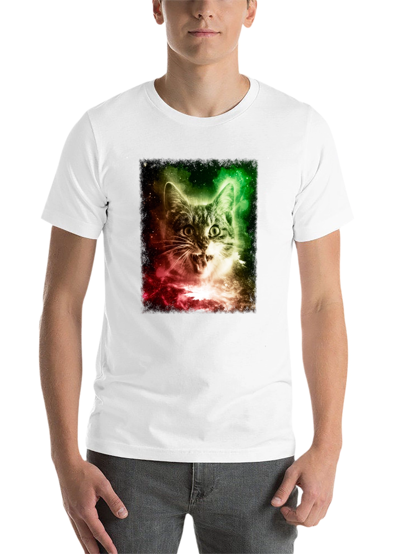 Black Galaxy Cat Graphic Tee - Men's Black T-Shirt view 14