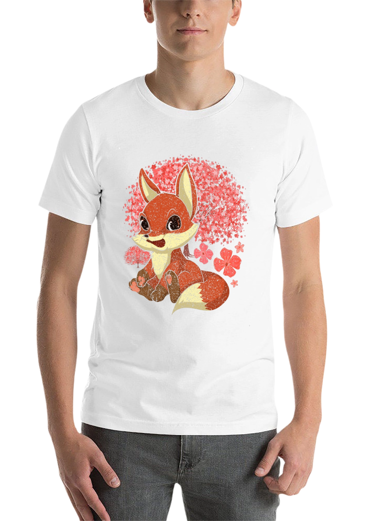 Black Cute Fox T-Shirt - Cherry Blossom Design view 14