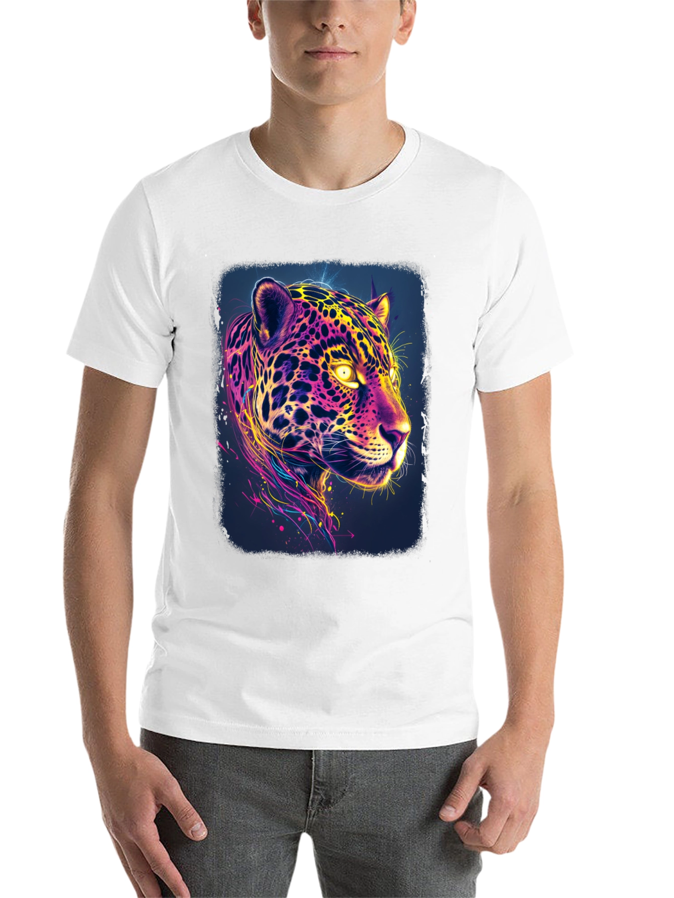Black Vibrant Neon Jaguar Graphic Black T-Shirt view 14