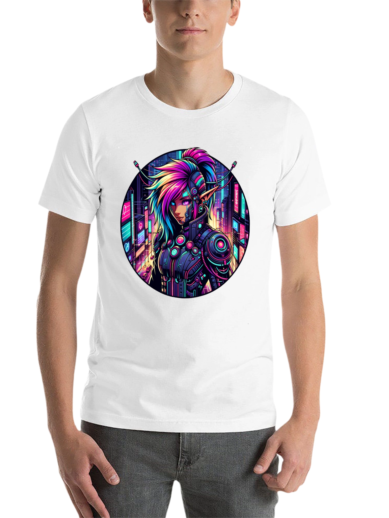 Black Cyberpunk Elf T-Shirt: Neon Cityscape Graphic Tee view 14